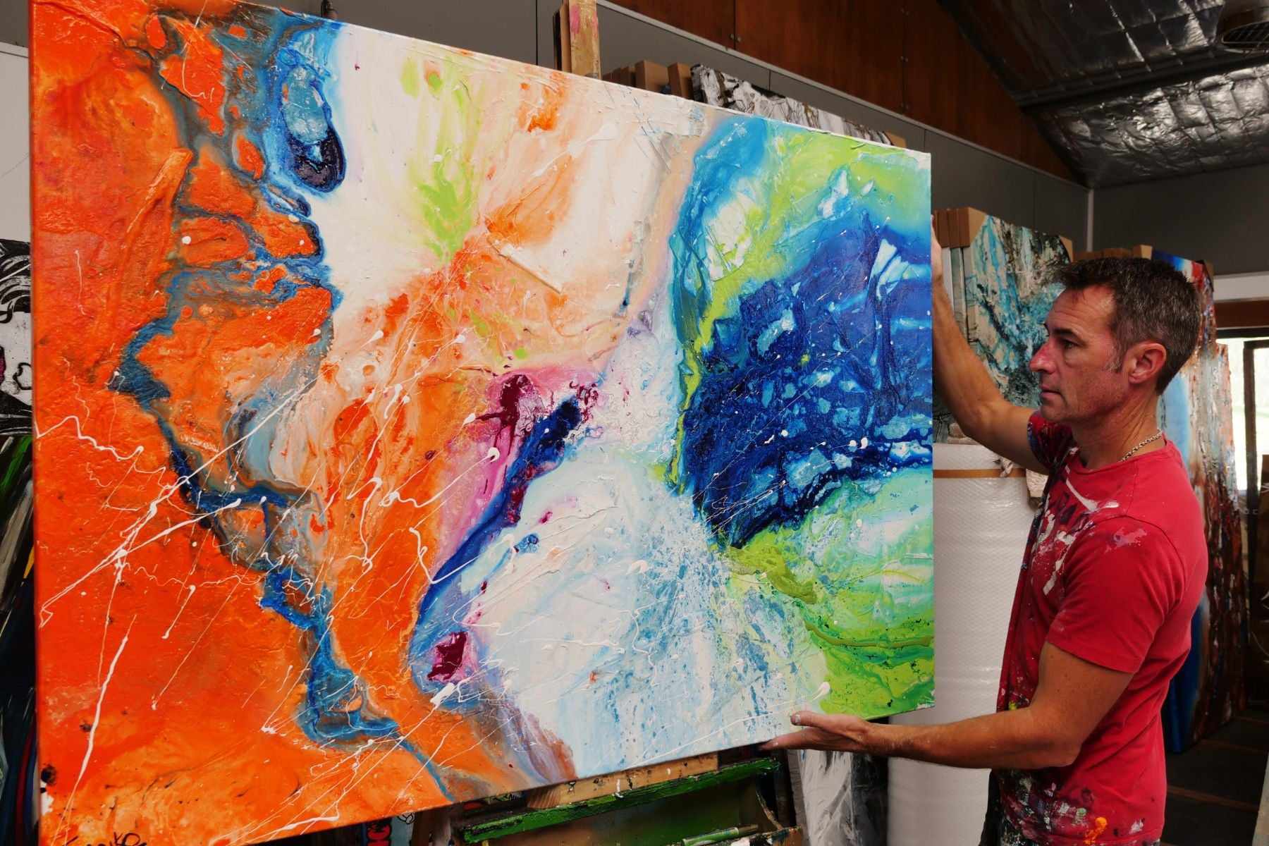 Colour Divide 140cm x 100cm Orange Lime Magenta White Textured Abstract Painting (SOLD)-Abstract-[Franko Artist]-[Gold Coast]-[Brisbane]-[Huge]-Franklin Art Studio