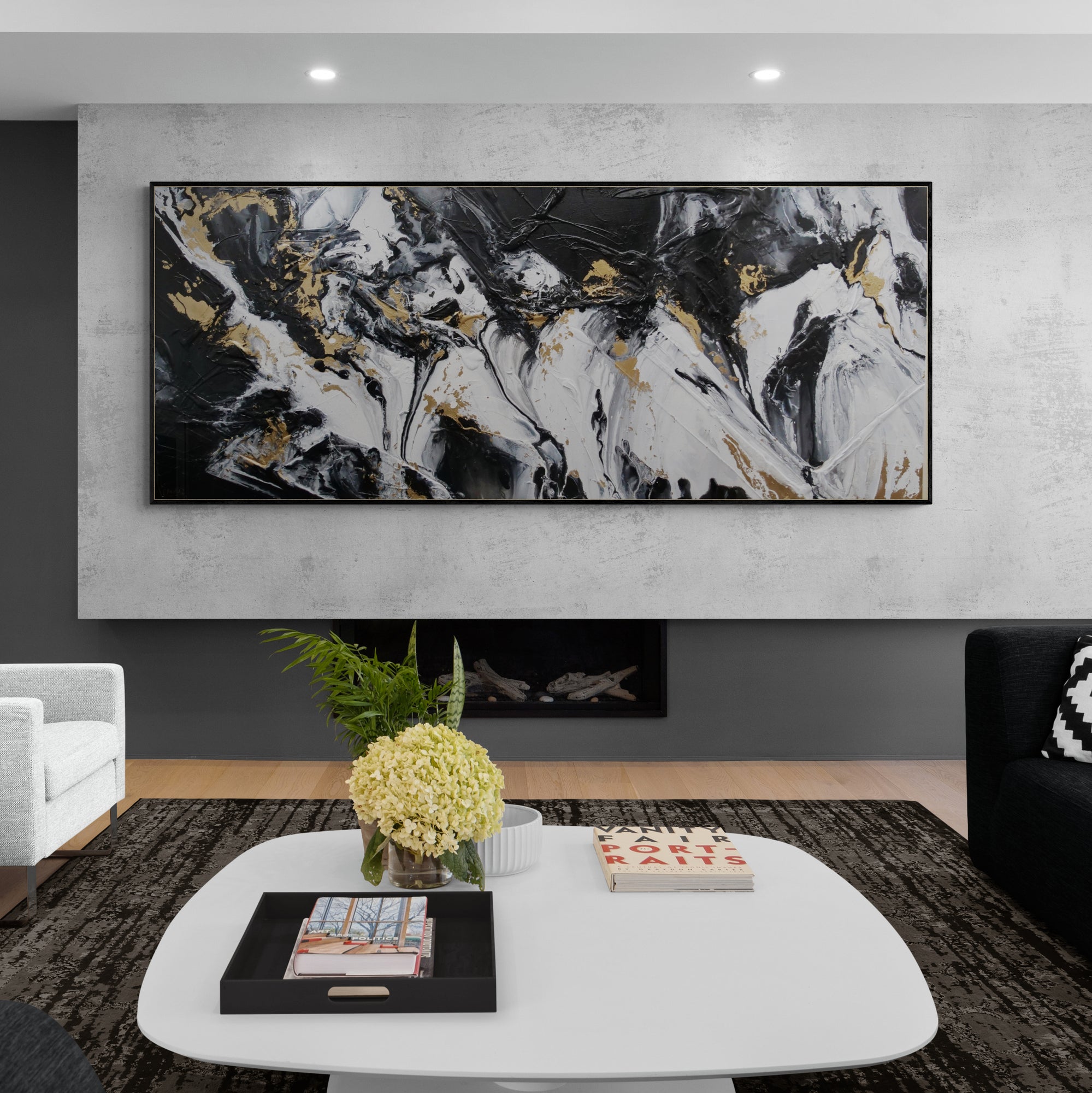 Gold Riches 240cm x 100cm Black Metallic Gold White Textured Abstract Painting