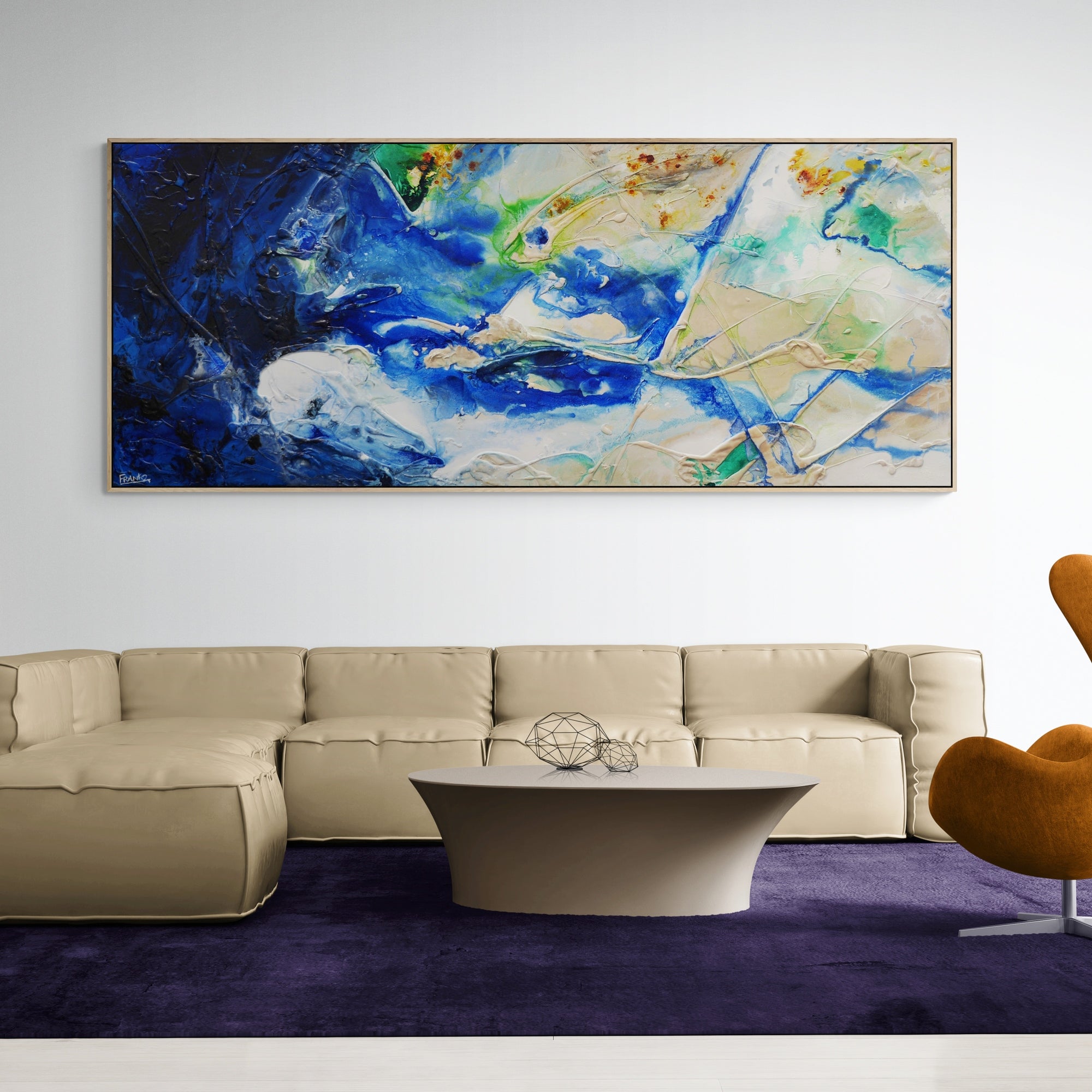 The Natural 240cm x 100cm Blue Green Cream Textured Abstract Painting (SOLD)-Abstract-[Franko Artist]-[Cheryl]-[Wendy]-[Gabriela]-Franklin Art Studio