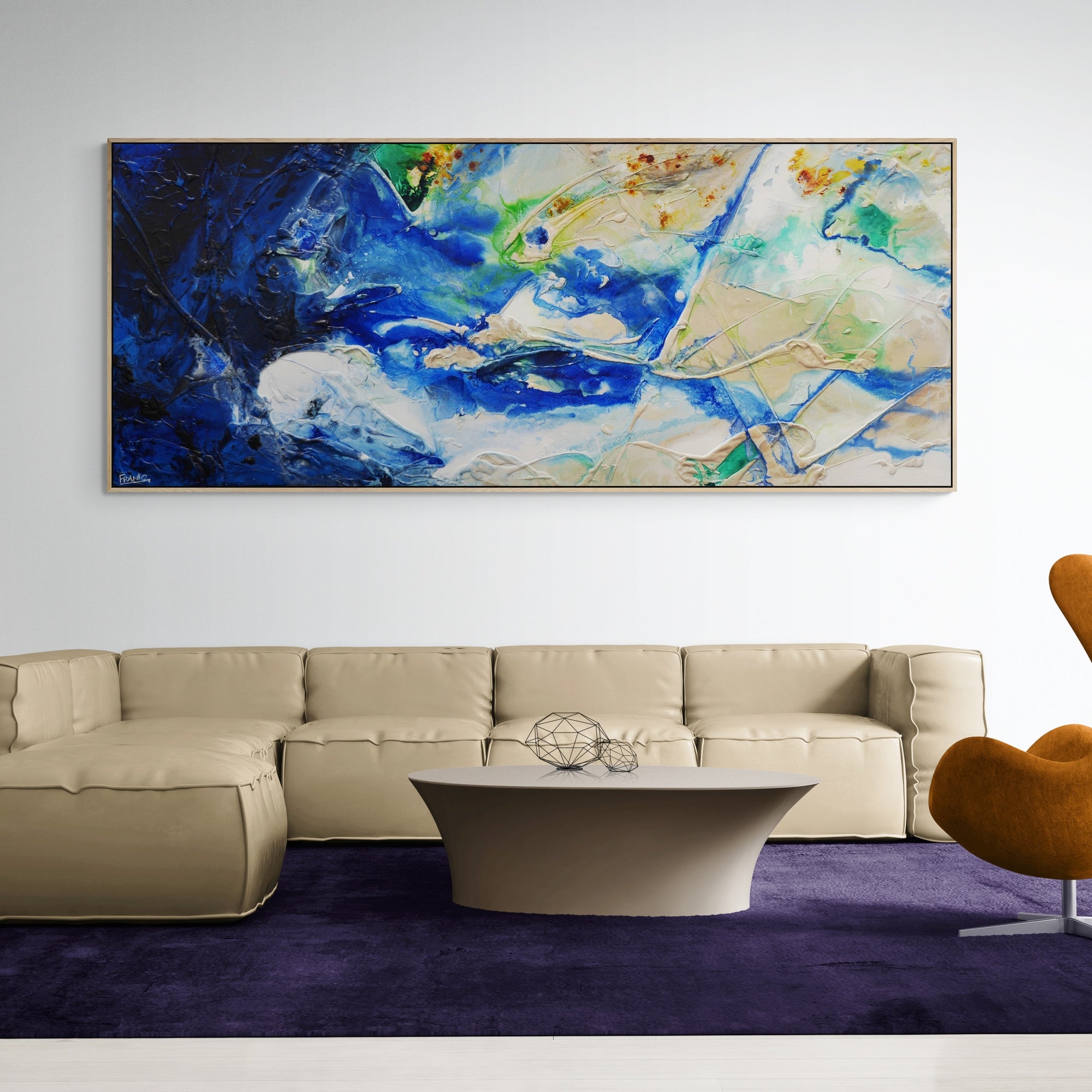 The Natural 240cm x 100cm Blue Green Cream Textured Abstract Painting