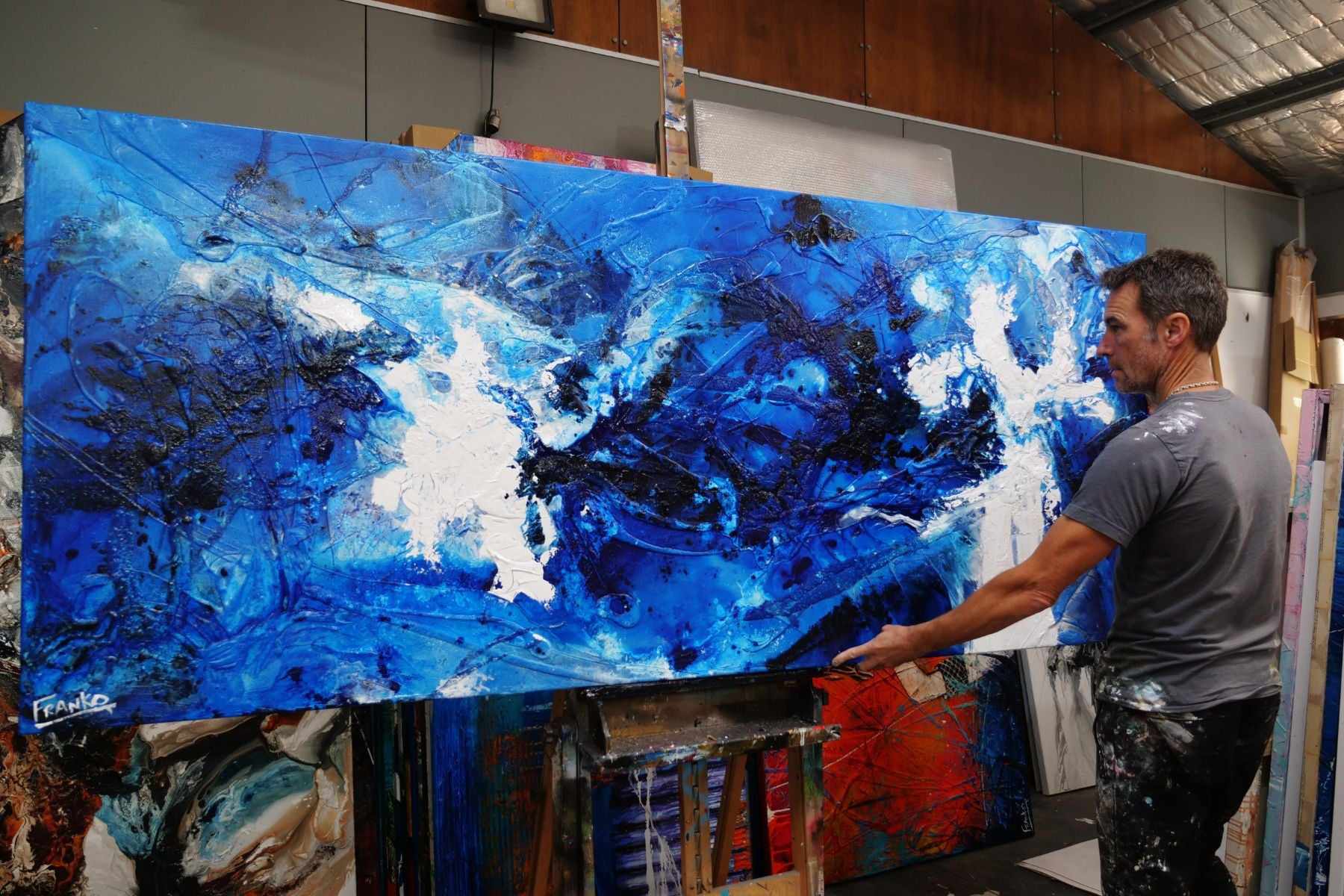 Cracker Jack Blue 240cm x 100cm Blue White Textured Abstract Painting (SOLD)-Abstract-[Franko Artist]-[Gold Coast]-[Brisbane]-[Huge]-Franklin Art Studio