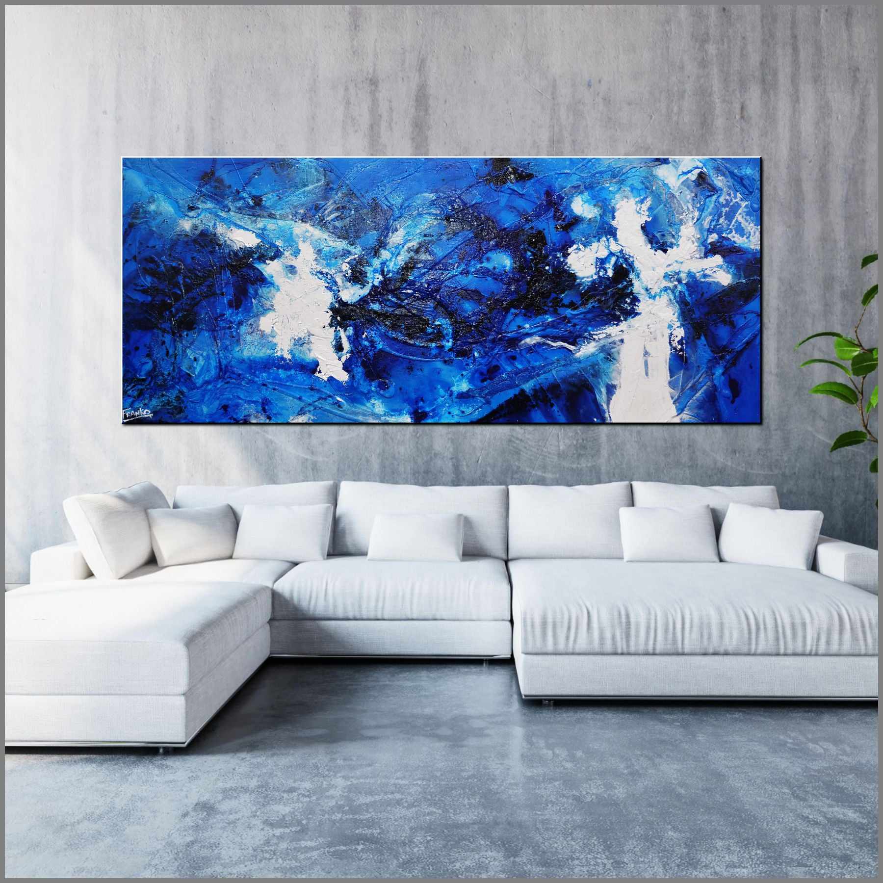 Cracker Jack Blue 240cm x 100cm Blue White Textured Abstract Painting (SOLD)-Abstract-Franko-[huge]-[Australian]-[best Selling]-Franklin Art Studio