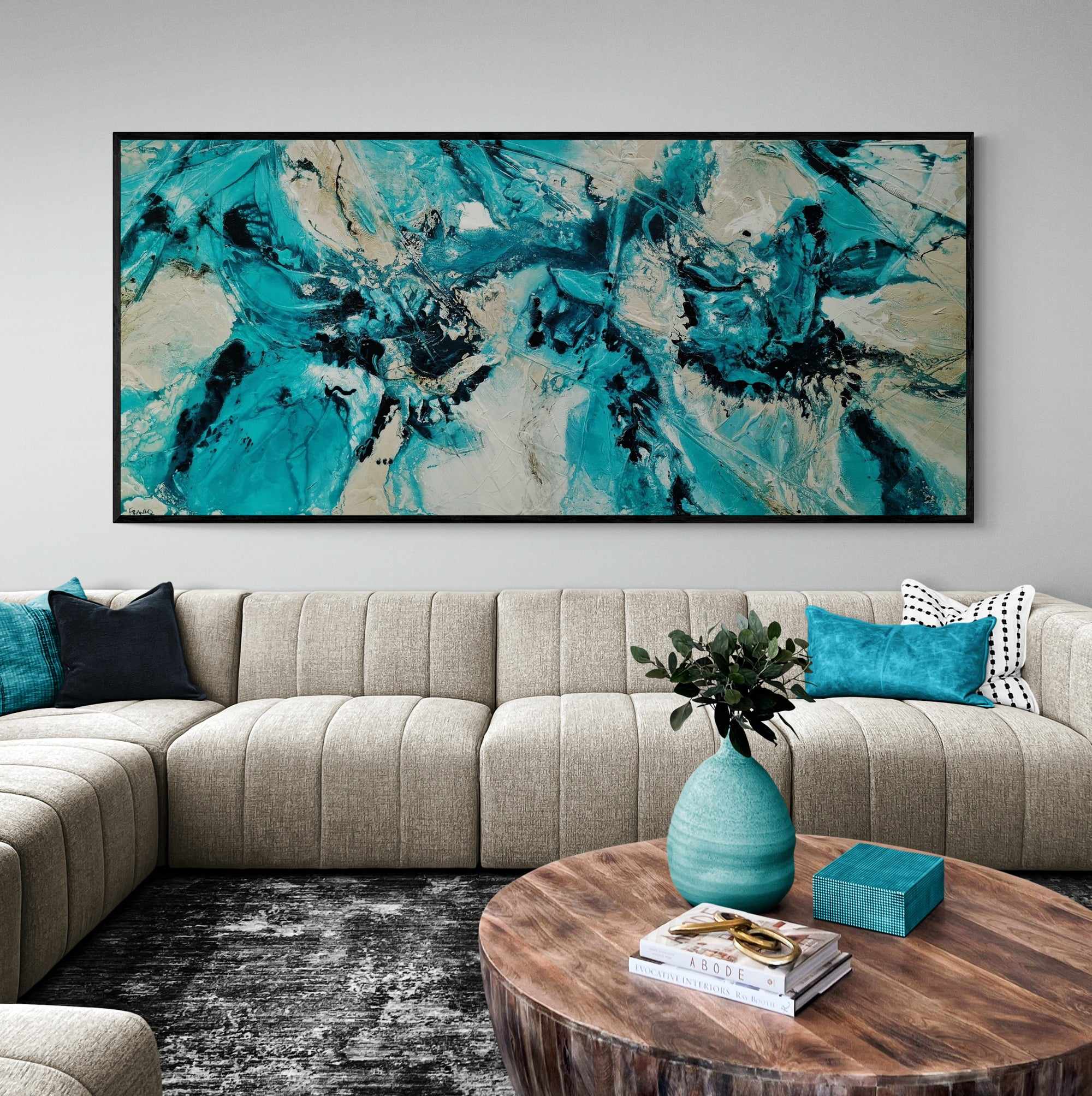 Creamed Honey Rush 270cm x 120cm Cream Teal Textured Abstract Painting-Abstract-[Franko]-[Australian]-[Popular]-[Best Selling]-Franklin Art Studio