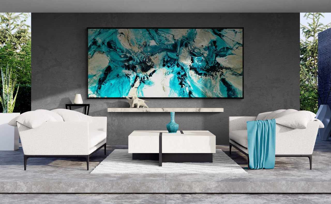Creamed Honey Rush 270cm x 120cm Cream Teal Textured Abstract Painting-Abstract-[Franko]-[Artist]-[Australia]-[Painting]-Franklin Art Studio