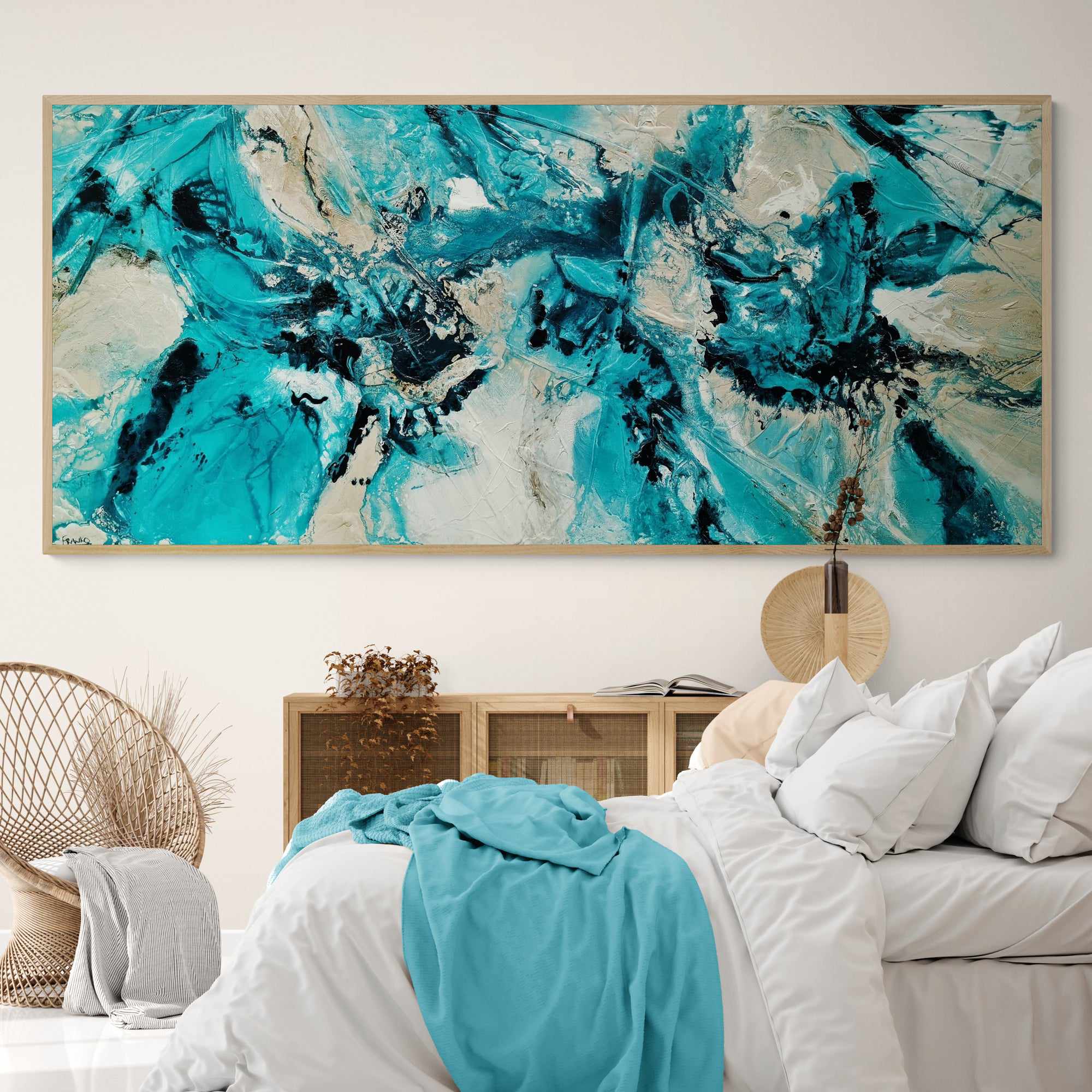 Creamed Honey Rush 270cm x 120cm Cream Teal Textured Abstract Painting-Abstract-Franko-[huge]-[Australian]-[best Selling]-Franklin Art Studio
