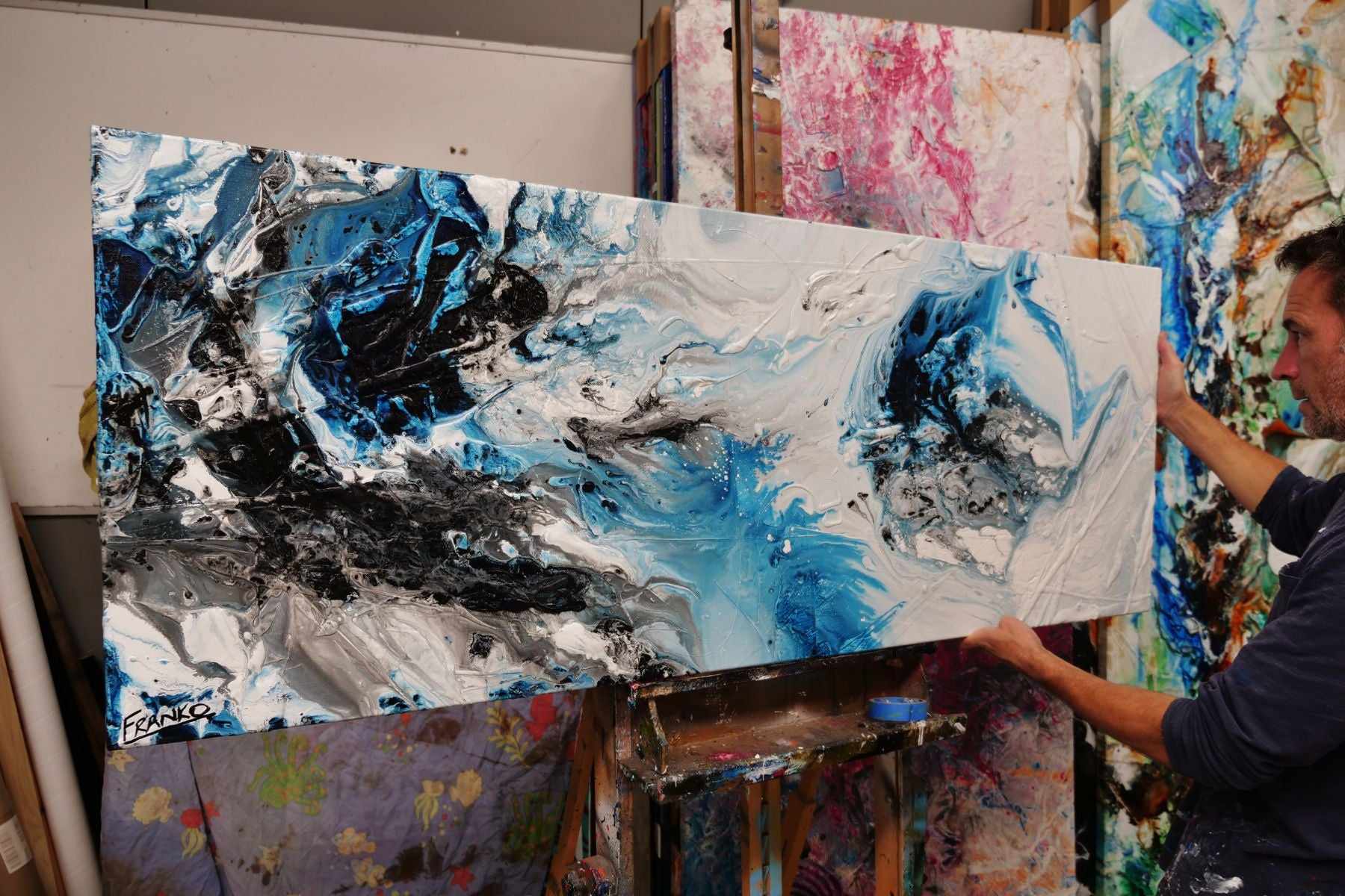 Crushed Midnight 160cm x 60cm Blue White Textured Abstract Painting (SOLD)-Abstract-Franko-[franko_art]-[beautiful_Art]-[The_Block]-Franklin Art Studio