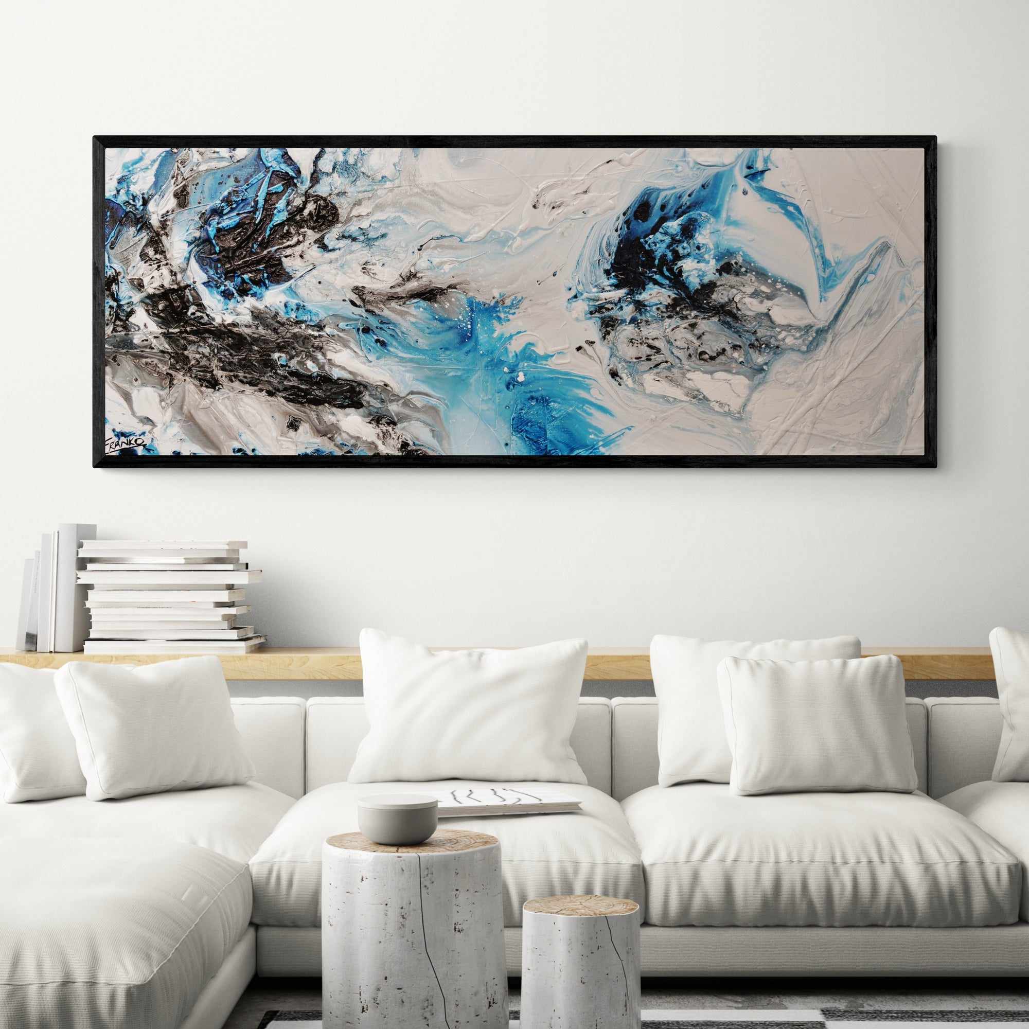 Crushed Midnight 160cm x 60cm Blue White Textured Abstract Painting (SOLD)-Abstract-Franko-[Franko]-[huge_art]-[Australia]-Franklin Art Studio