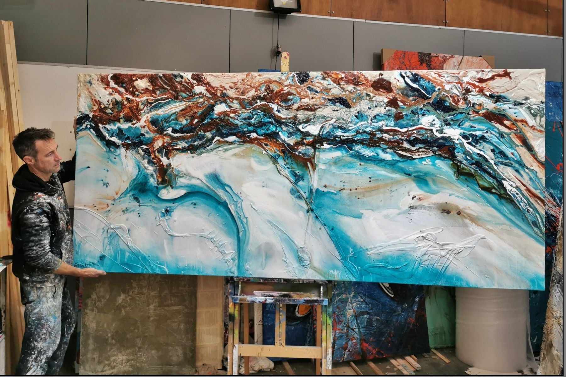 Crushed Southern Chill 270cm x 120cm Turquoise Cream Textured Abstract Painting (SOLD)-Abstract-[Franko Artist]-[Gold Coast]-[Brisbane]-[Huge]-Franklin Art Studio
