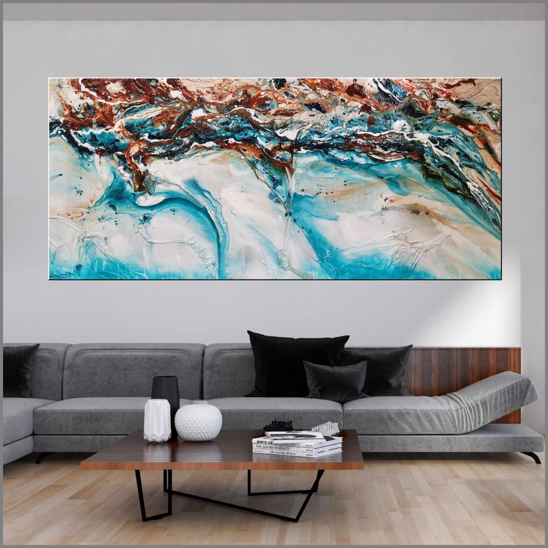 Crushed Southern Chill 270cm x 120cm Turquoise Cream Textured Abstract Painting (SOLD)-Abstract-Franko-[huge]-[Australian]-[best Selling]-Franklin Art Studio