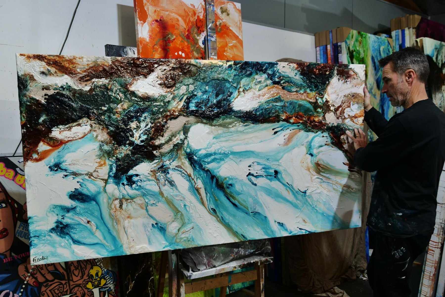 Crushed Southern Coast 190cm x 100cm Teal White Textured Abstract Painting (SOLD)-Abstract-Franko-[franko_art]-[beautiful_Art]-[The_Block]-Franklin Art Studio