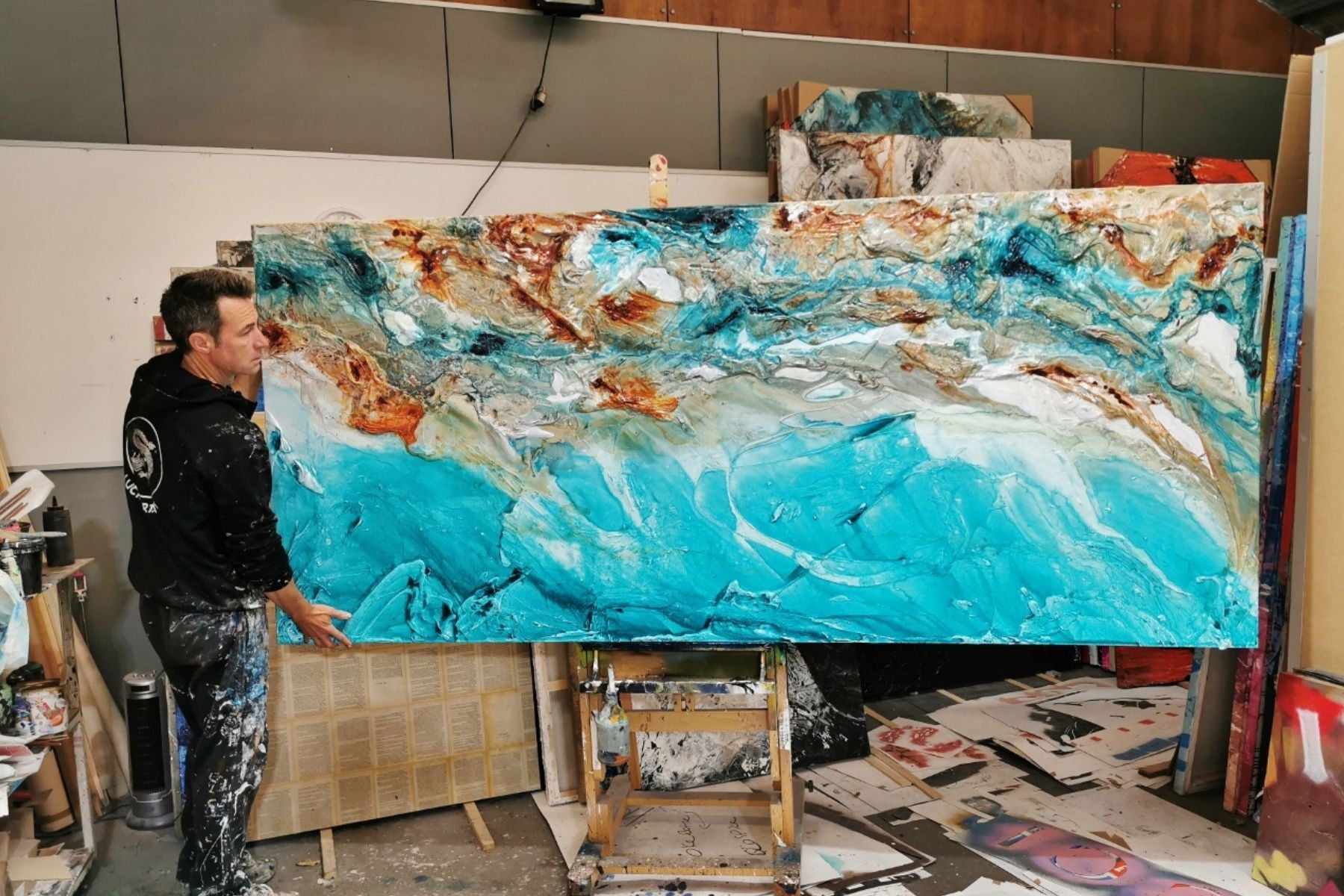 Crushed Southern Ice 270cm x 120cm Turquoise Cream Textured Abstract Painting (SOLD)-Abstract-Franko-[franko_artist]-[Art]-[interior_design]-Franklin Art Studio