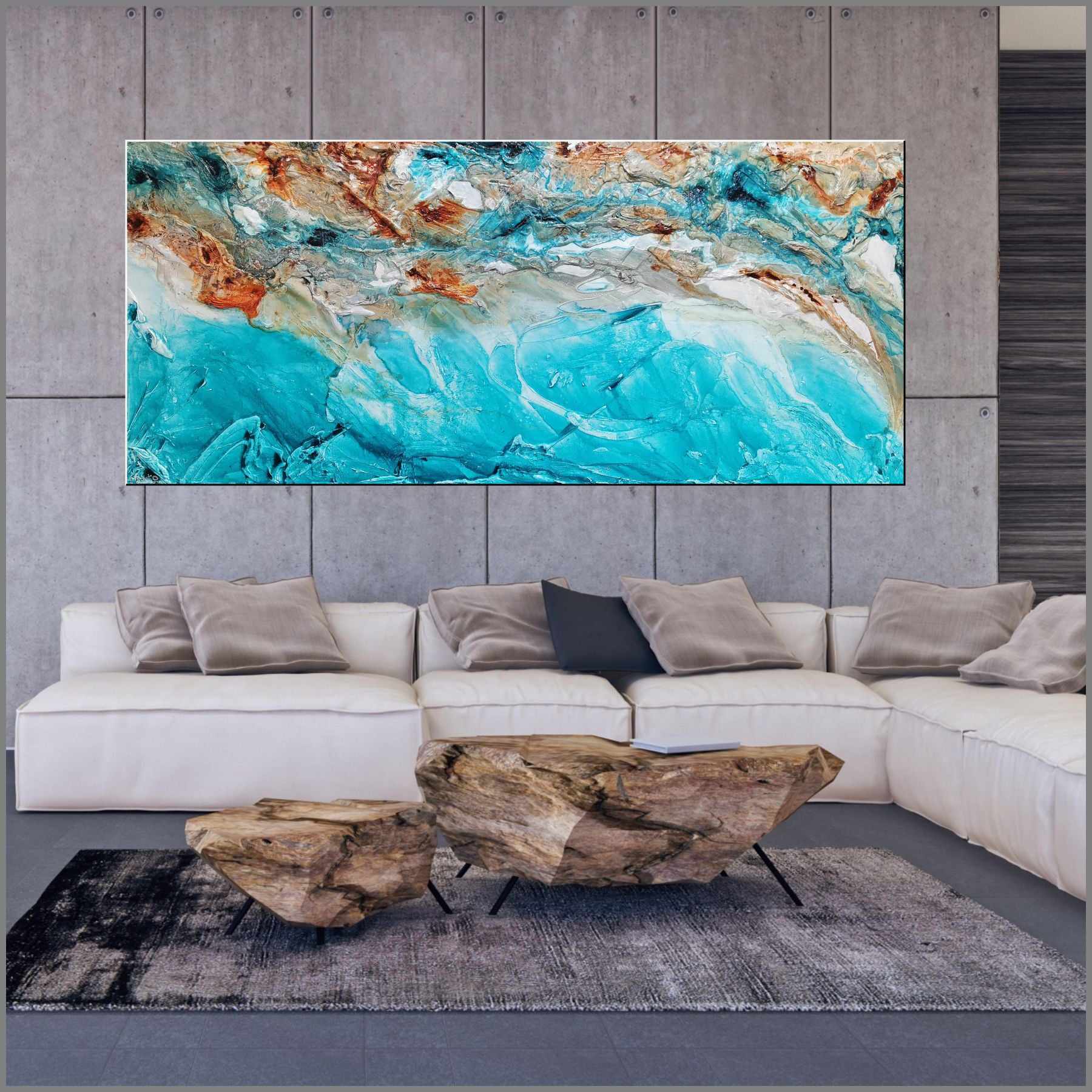 Crushed Southern Ice 270cm x 120cm Turquoise Cream Textured Abstract Painting (SOLD)-Abstract-Franko-[Franko]-[huge_art]-[Australia]-Franklin Art Studio