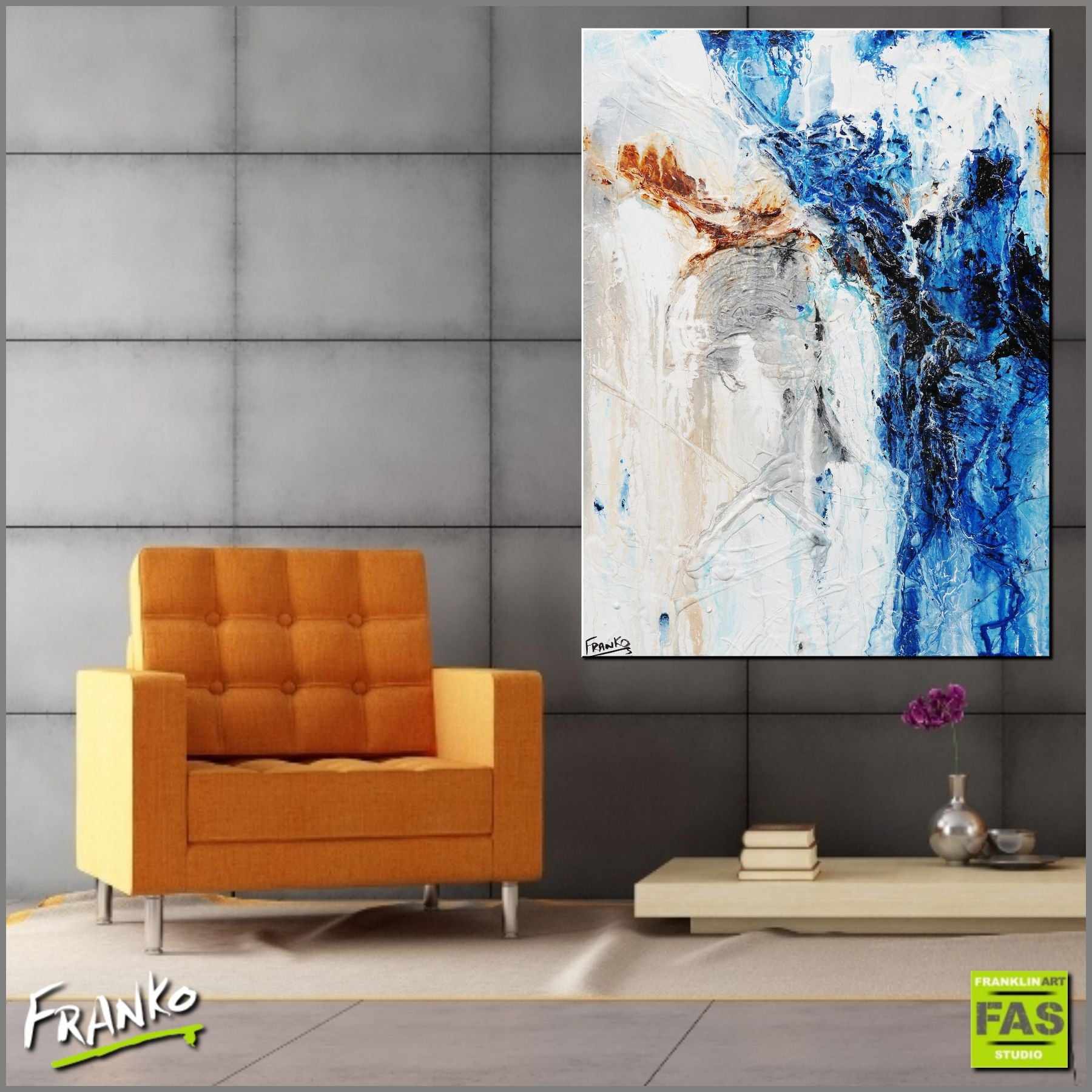 Deep Blue Umber 75cm x 100cm White Blue Abstract Painting (SOLD)-Abstract-Franko-[huge]-[Australian]-[best Selling]-Franklin Art Studio