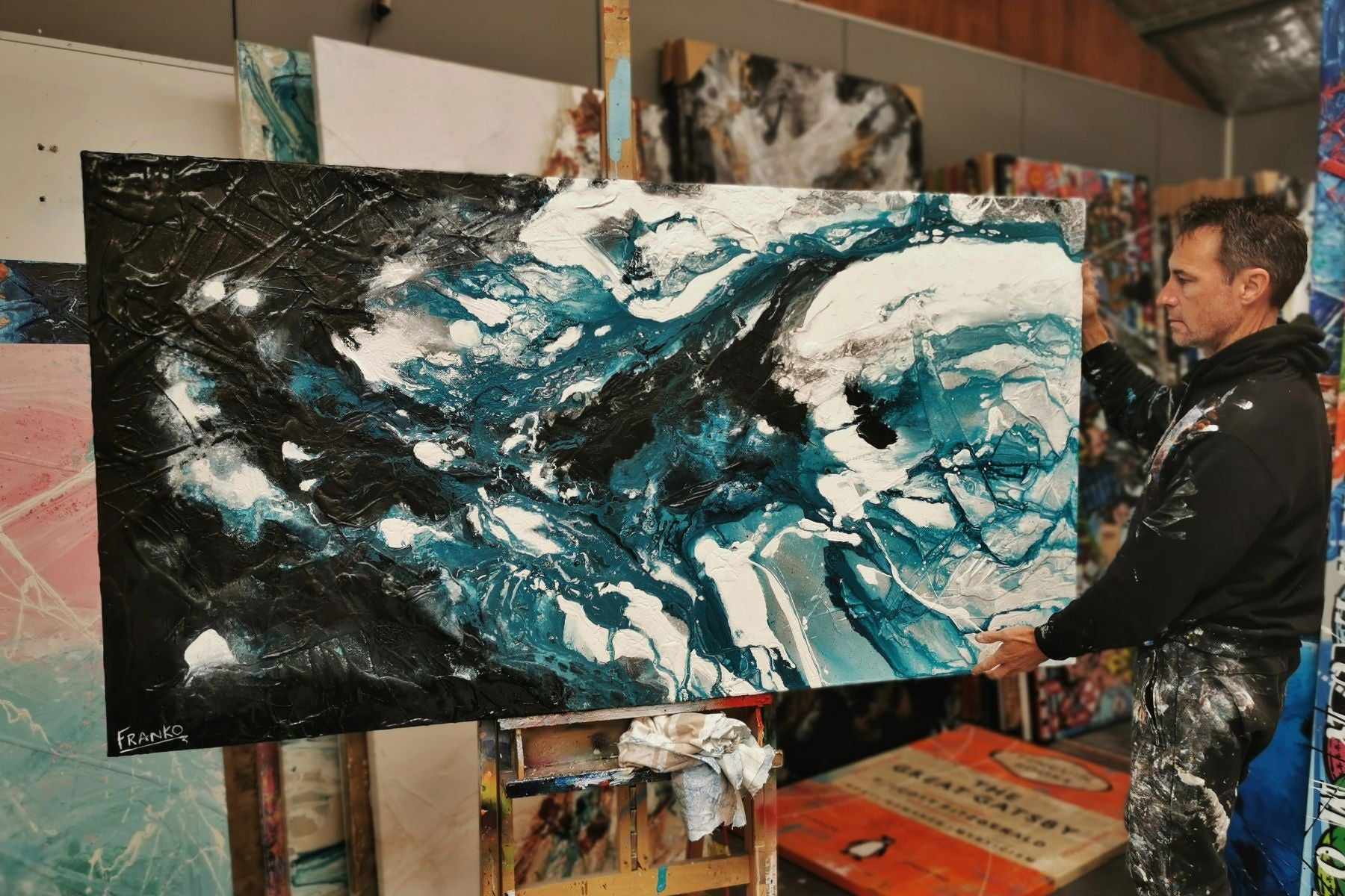 Deep Southern 190cm x 100cm Teal Black Textured Abstract Painting (SOLD)-Abstract-[Franko Artist]-[Gold Coast]-[Brisbane]-[Huge]-Franklin Art Studio