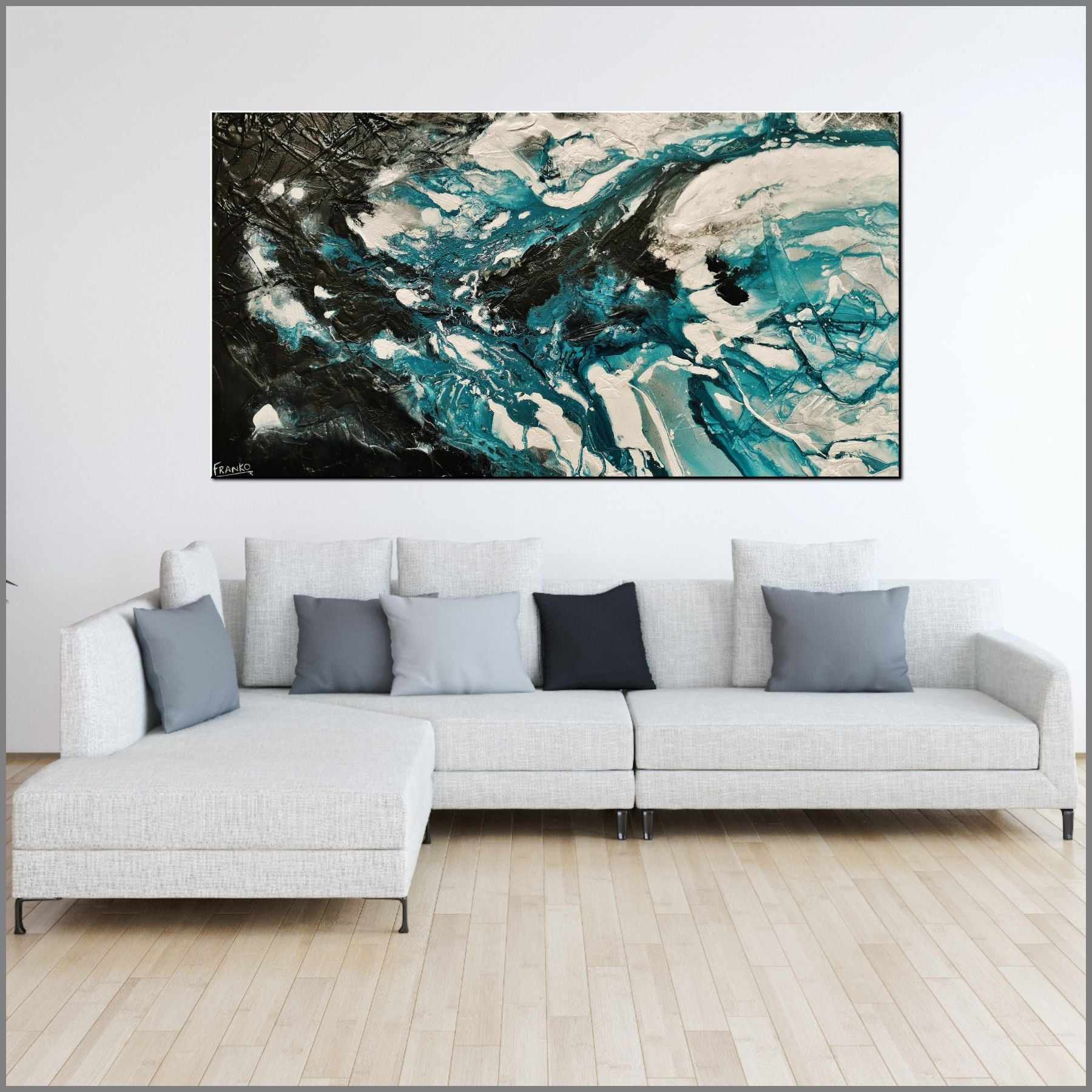 Deep Southern 190cm x 100cm Teal Black Textured Abstract Painting (SOLD)-Abstract-Franko-[huge]-[Australian]-[best Selling]-Franklin Art Studio