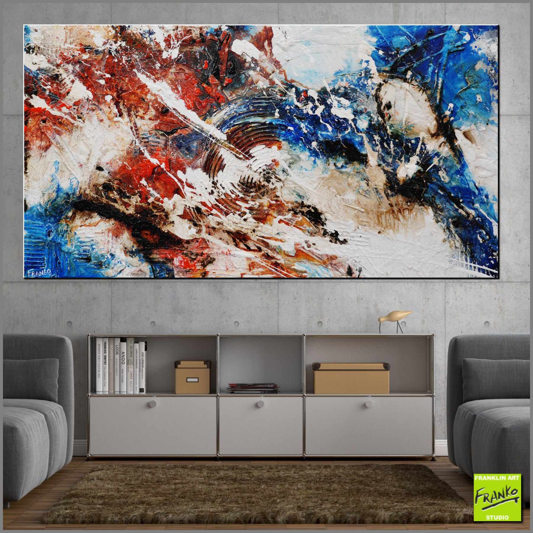Desert Riches 190cm x 100cm Blue Red White Textured Abstract Painting (SOLD)-Abstract-Franko-[Franko]-[huge_art]-[Australia]-Franklin Art Studio