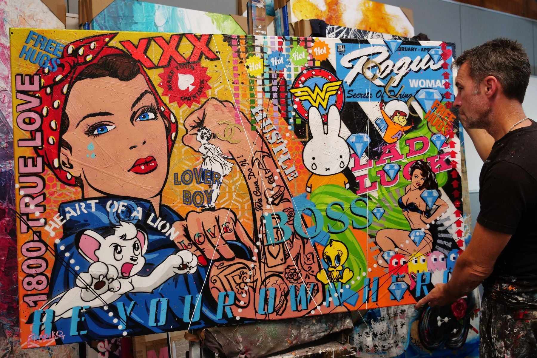 Diamond Rosie 160cm x 100cm Rosie The Riveter Textured Urban Pop Art Painting (SOLD)-Urban Pop Art-Franko-[franko_art]-[beautiful_Art]-[The_Block]-Franklin Art Studio