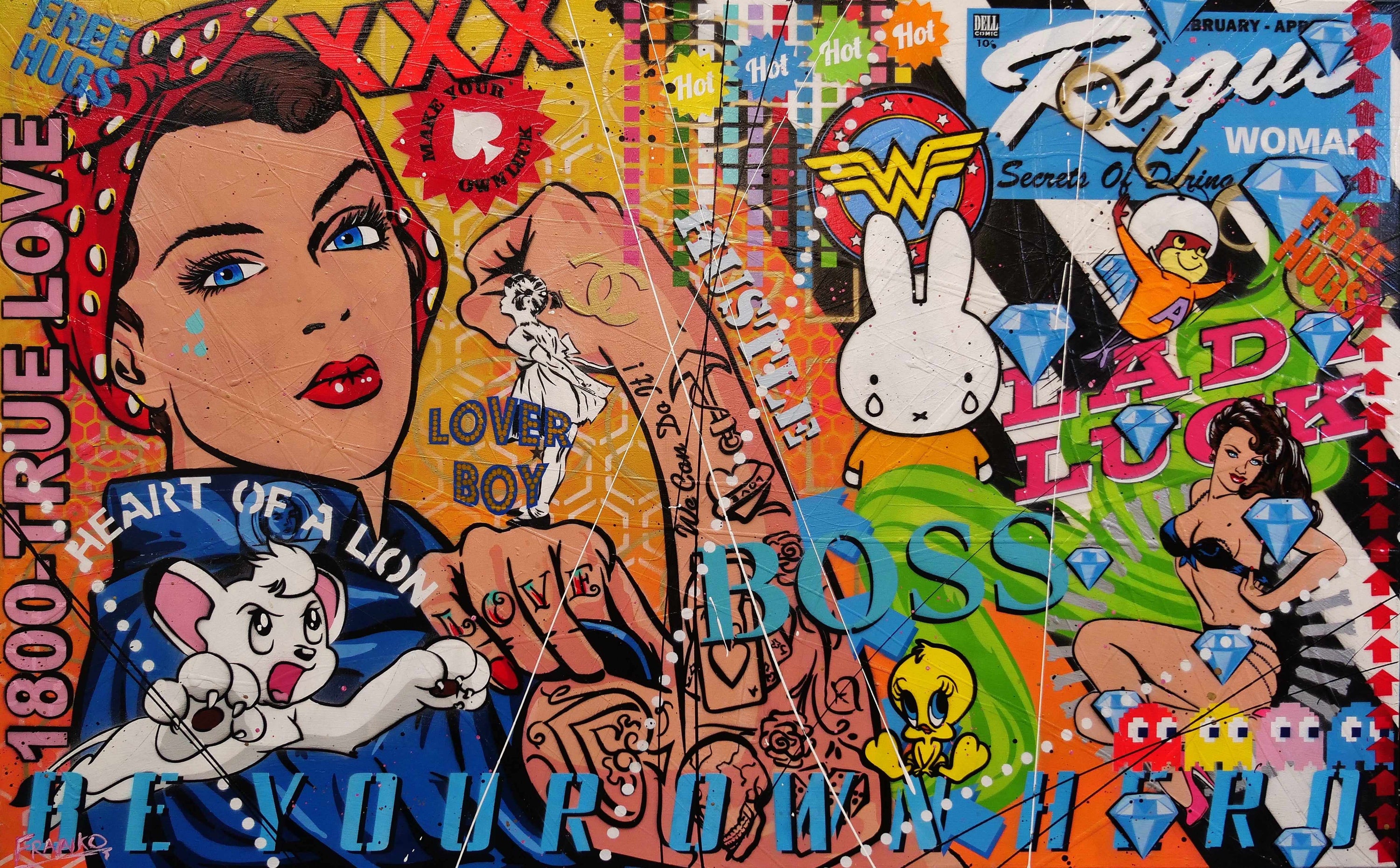 Diamond Rosie 160cm x 100cm Rosie The Riveter Textured Urban Pop Art Painting (SOLD)-Urban Pop Art-Franko-[Franko]-[Australia_Art]-[Art_Lovers_Australia]-Franklin Art Studio