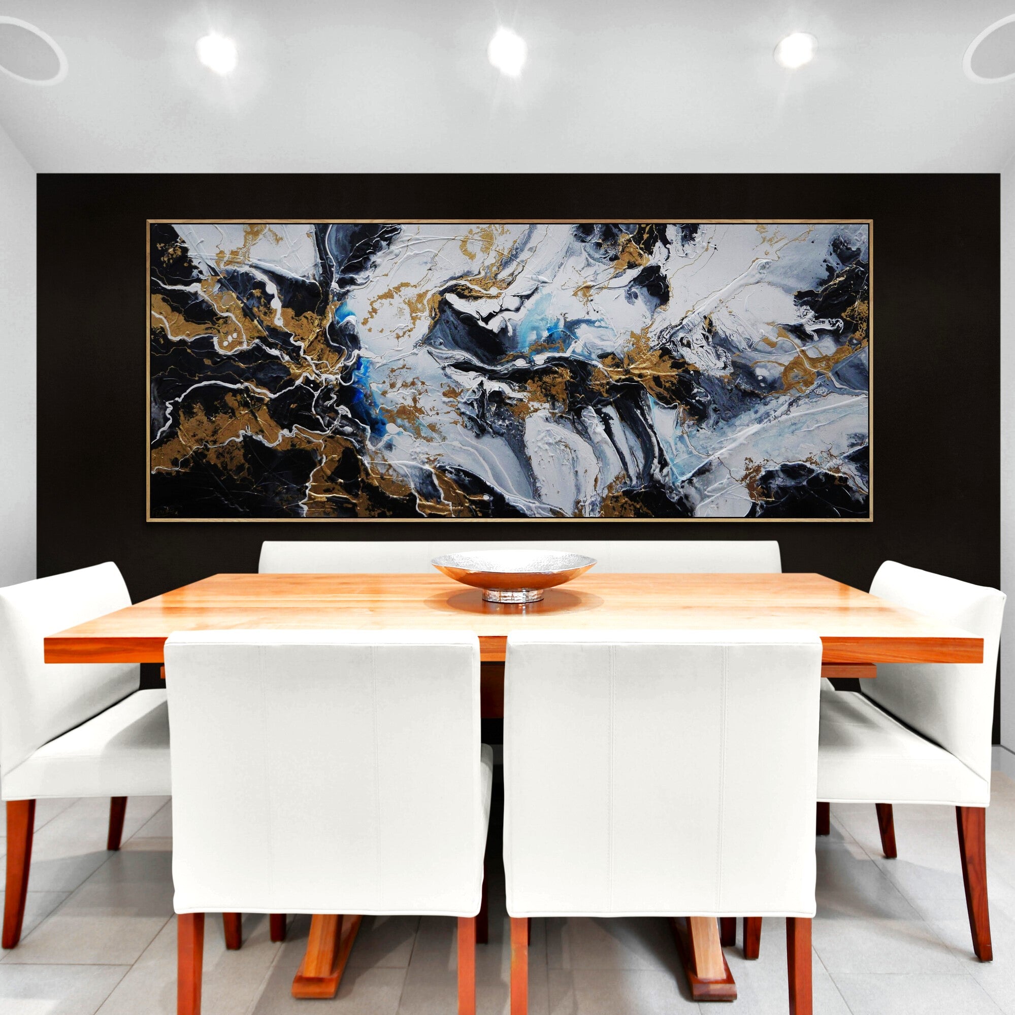 The Bling 240cm x 100cm Black Metallic Gold Blue Textured Abstract Painting (SOLD)