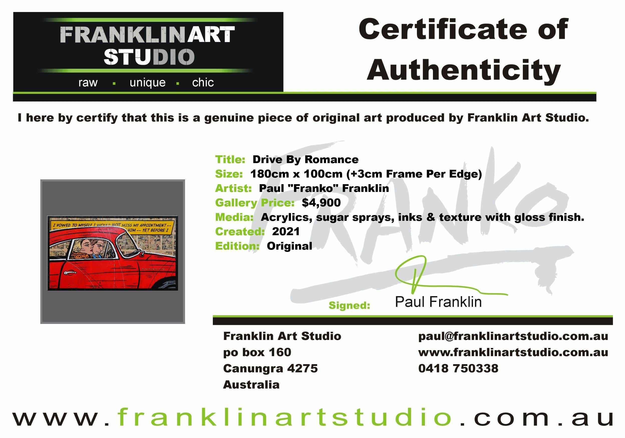 Drive By Romance 180cm x 100cm Porsche Comic Book Pages Urban Pop Art Painting With Custom Etched Frame (SOLD)-book club-[Franko Artist]-[Gold Coast]-[Brisbane]-[Huge]-Franklin Art Studio