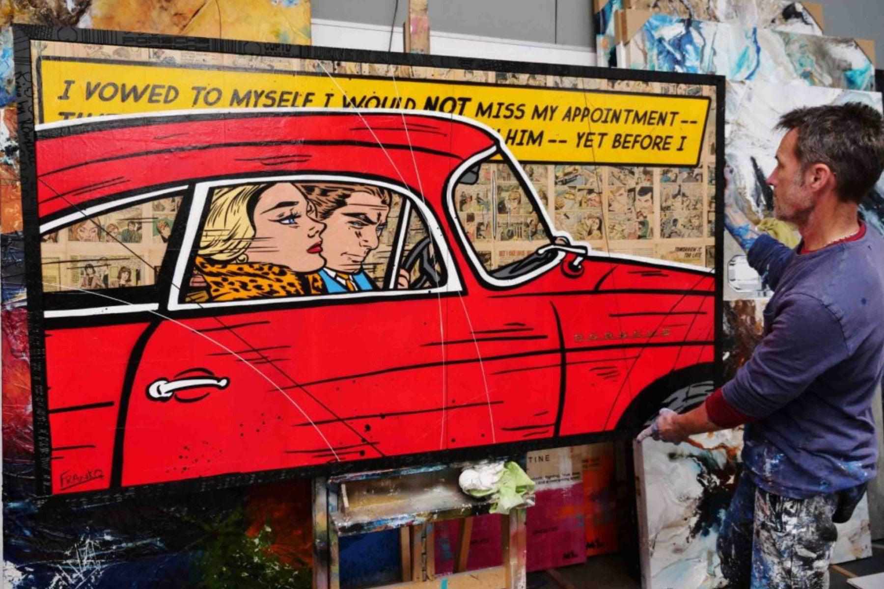 Drive By Romance 180cm x 100cm Porsche Comic Book Pages Urban Pop Art Painting With Custom Etched Frame (SOLD)-book club-[Franko Artist]-[Cheryl]-[Wendy]-[Gabriela]-Franklin Art Studio