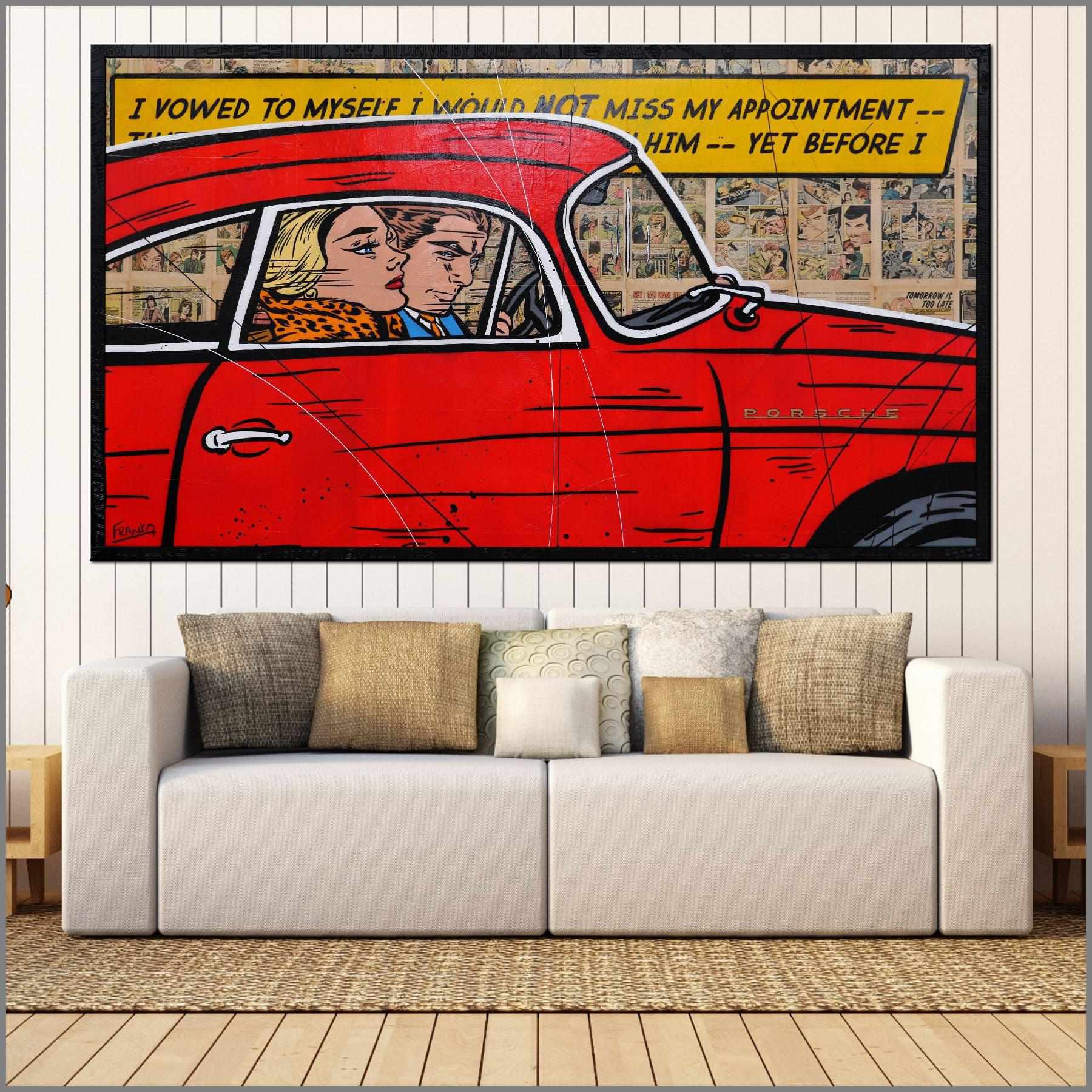Drive By Romance 180cm x 100cm Porsche Comic Book Pages Urban Pop Art Painting With Custom Etched Frame (SOLD)-book club-Franko-[huge]-[Australian]-[best Selling]-Franklin Art Studio