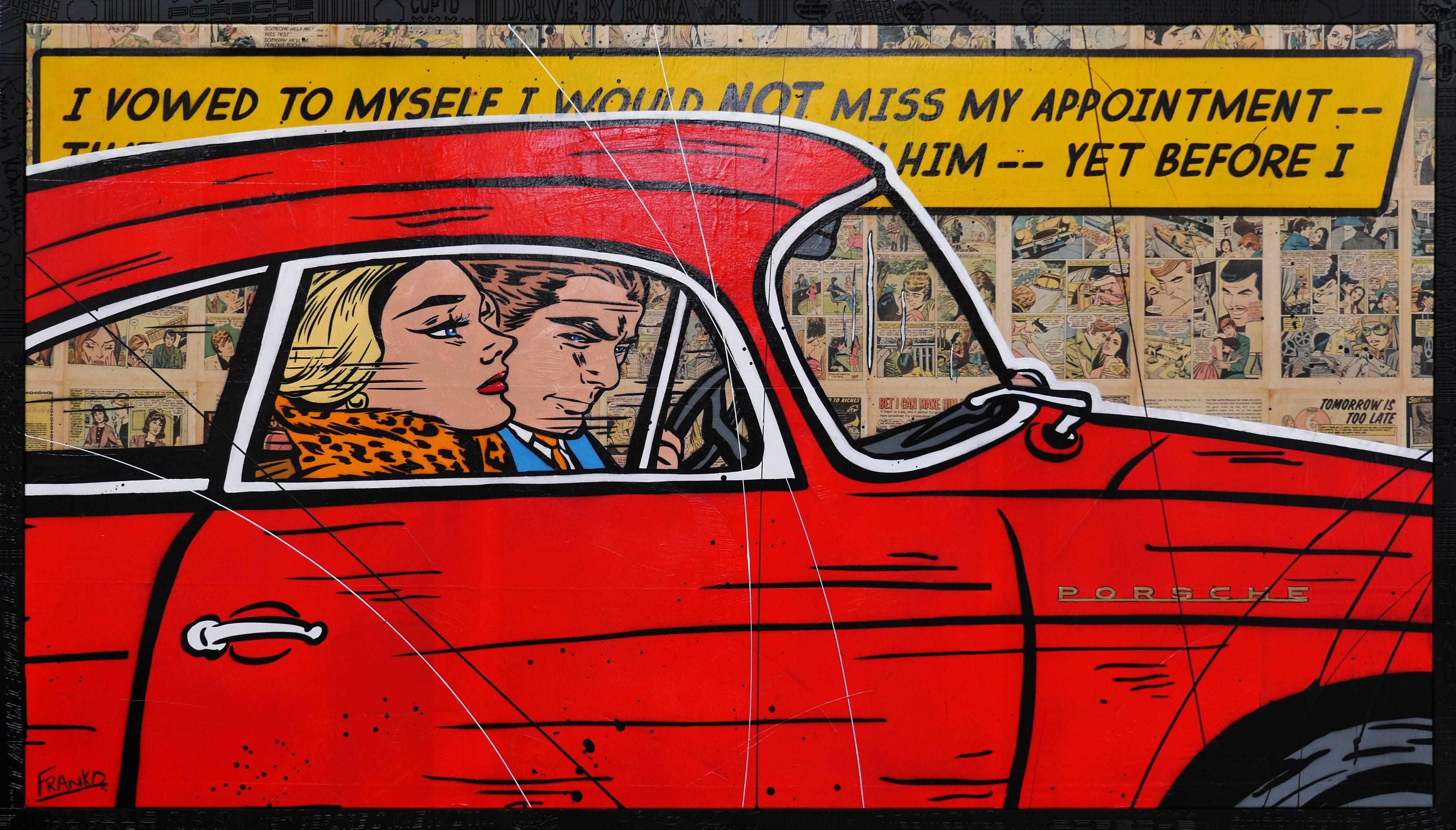 Drive By Romance 180cm x 100cm Porsche Comic Book Pages Urban Pop Art Painting With Custom Etched Frame (SOLD)-book club-Franko-[Franko]-[Australia_Art]-[Art_Lovers_Australia]-Franklin Art Studio