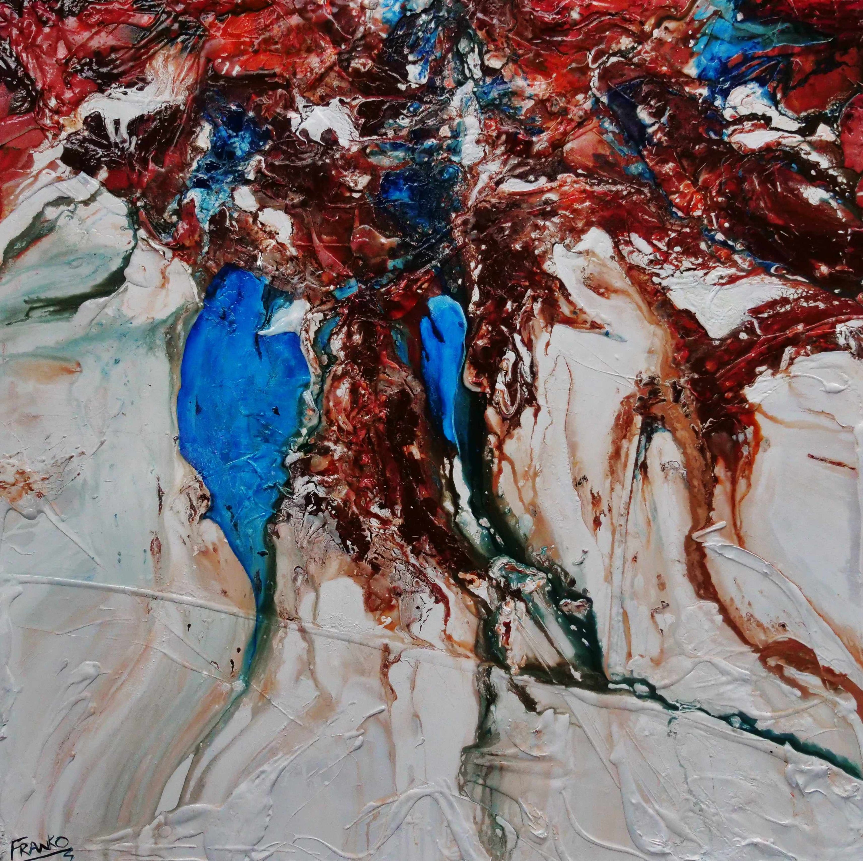 Dual Blue Atol 150cm x 150cm Blue White Orange Textured Abstract Painting (SOLD)-Abstract-Franko-[Franko]-[Australia_Art]-[Art_Lovers_Australia]-Franklin Art Studio