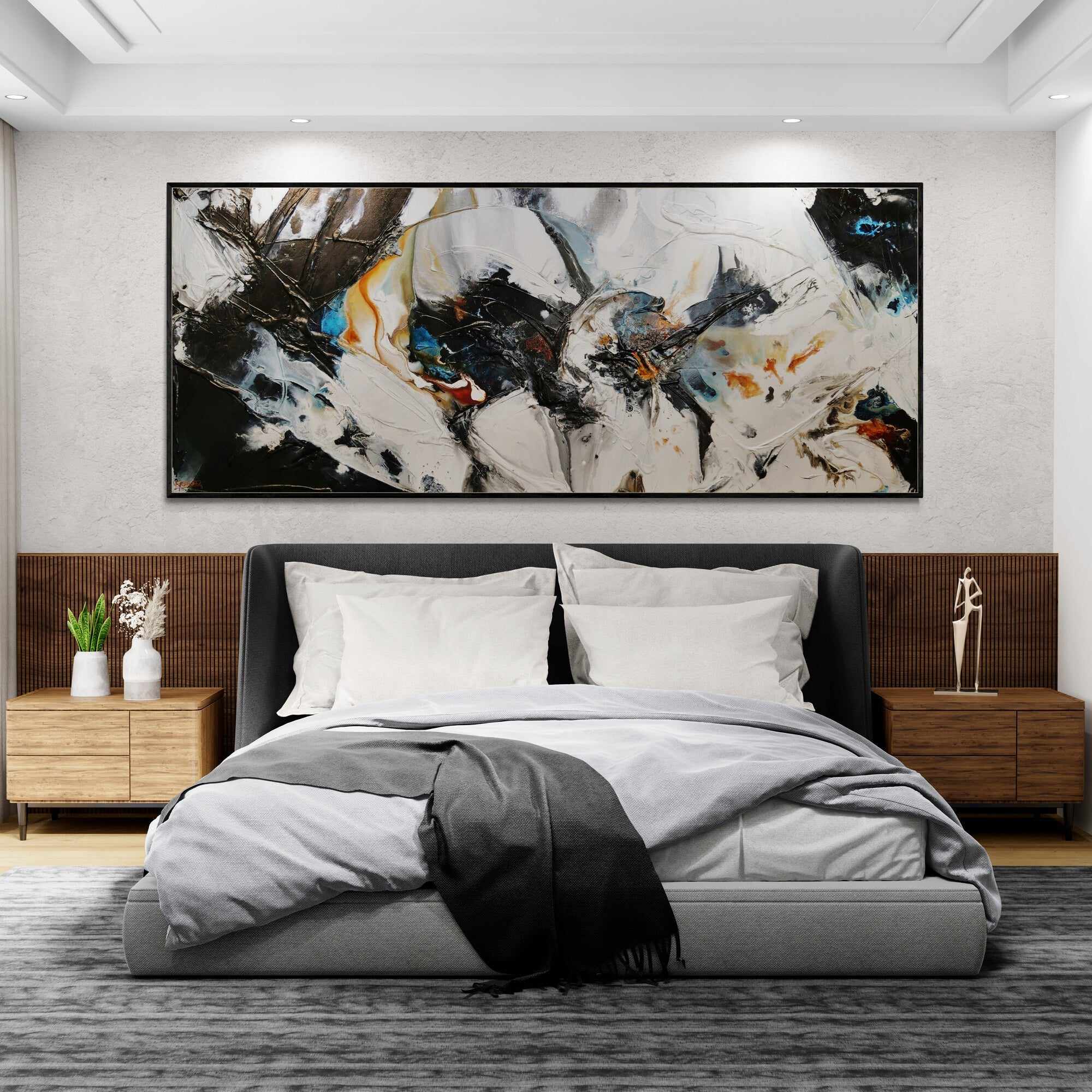 Elevation 240cm x 100cm Black White Rust Textured Abstract Painting (SOLD)-Abstract-Franko-[franko_art]-[beautiful_Art]-[The_Block]-Franklin Art Studio