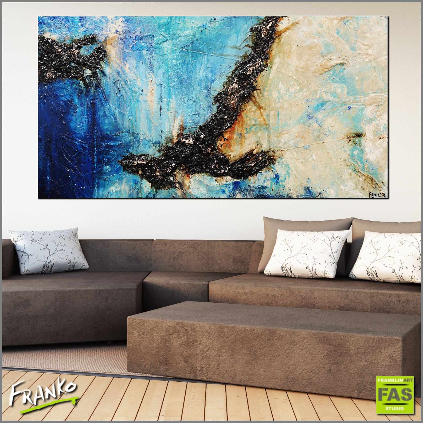 Evolution 190cm x 100cm Blue Creme Abstract Painting (SOLD)-Abstract-Franko-[huge]-[Australian]-[best Selling]-Franklin Art Studio