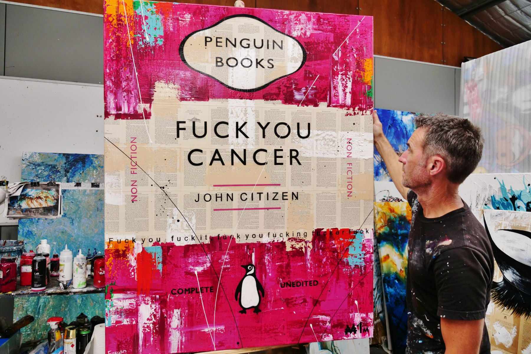 F.U. Cancer 120cm x 150cm Fuck You Cancer Urban Pop Book Club Painting-book club-Franko-[franko_artist]-[Art]-[interior_design]-Franklin Art Studio