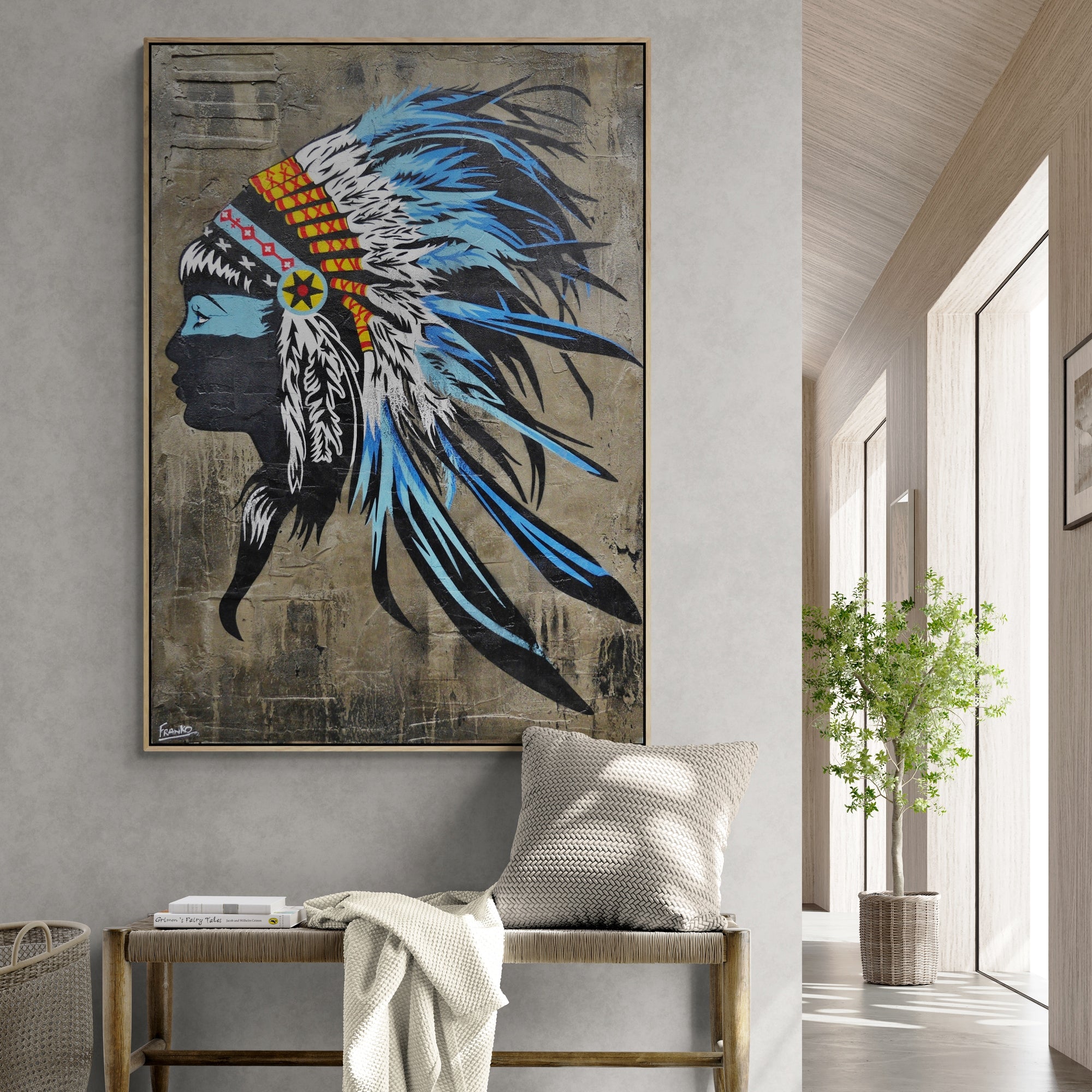 Sky Feathers 140cm x 100cm Blue Indian Headdress Textured Urban Pop Art Painting (SOLD)