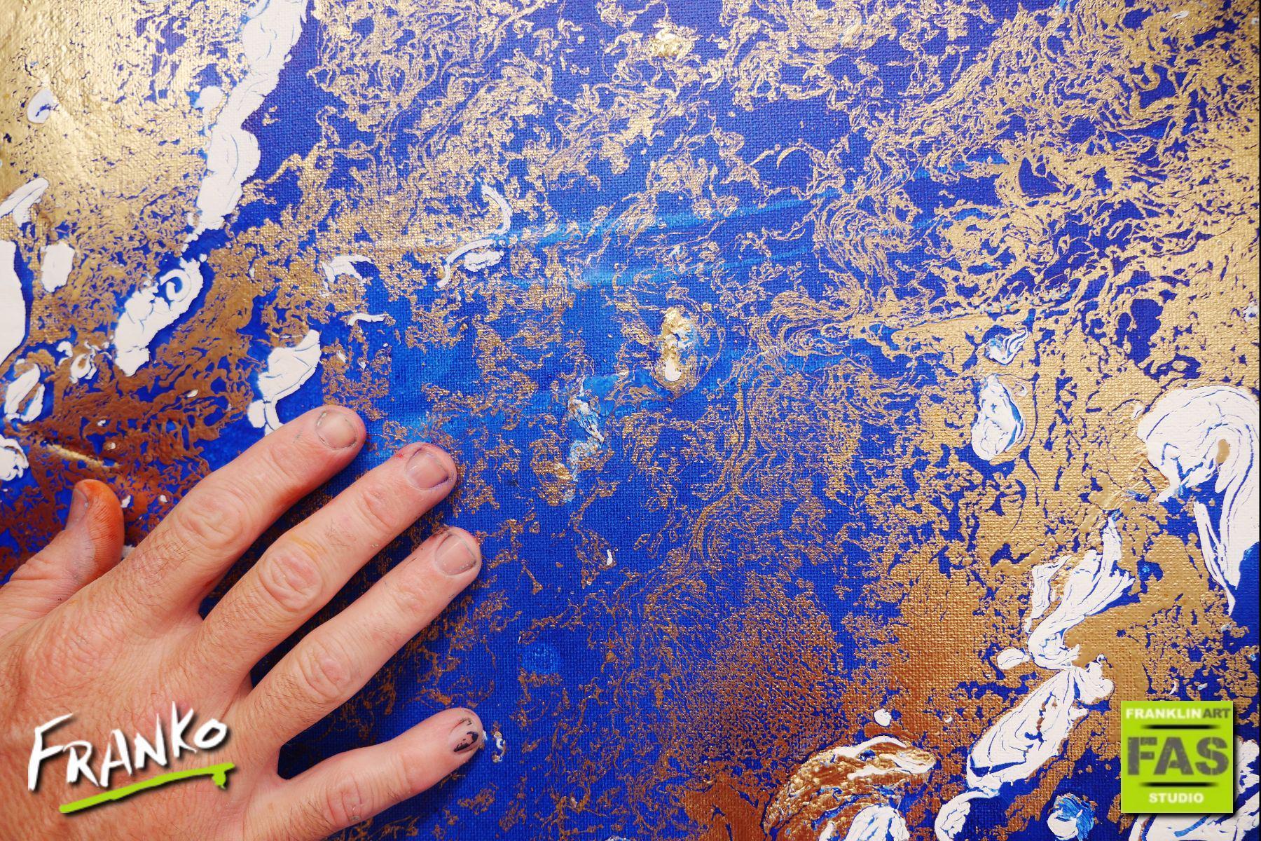 Fluid Gold 120cm x 120cm Blue Metallic Gold Abstract Painting (SOLD)-abstract-[Franko]-[Artist]-[Australia]-[Painting]-Franklin Art Studio