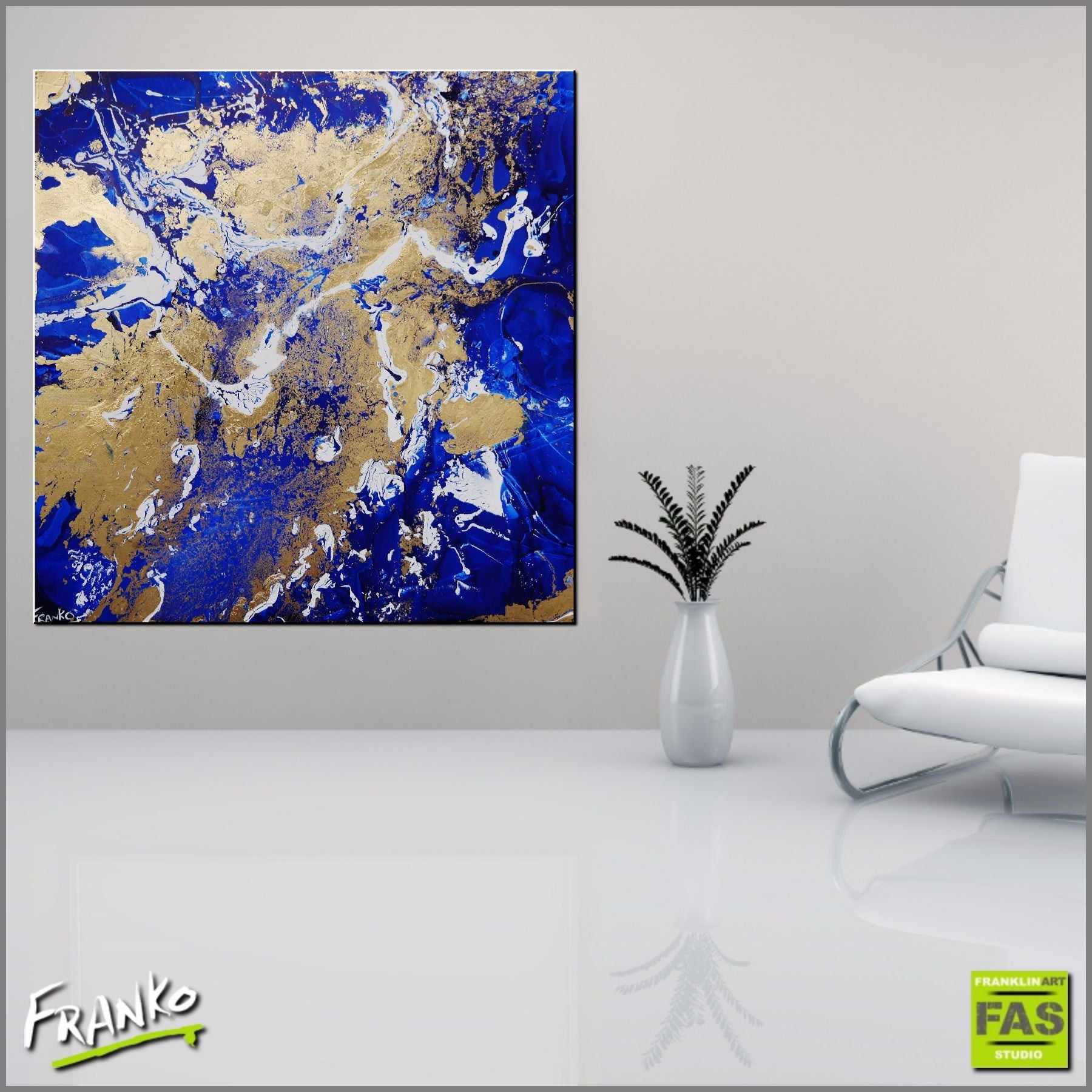 Fluid Gold 120cm x 120cm Blue Metallic Gold Abstract Painting (SOLD)-abstract-Franko-[Franko]-[huge_art]-[Australia]-Franklin Art Studio