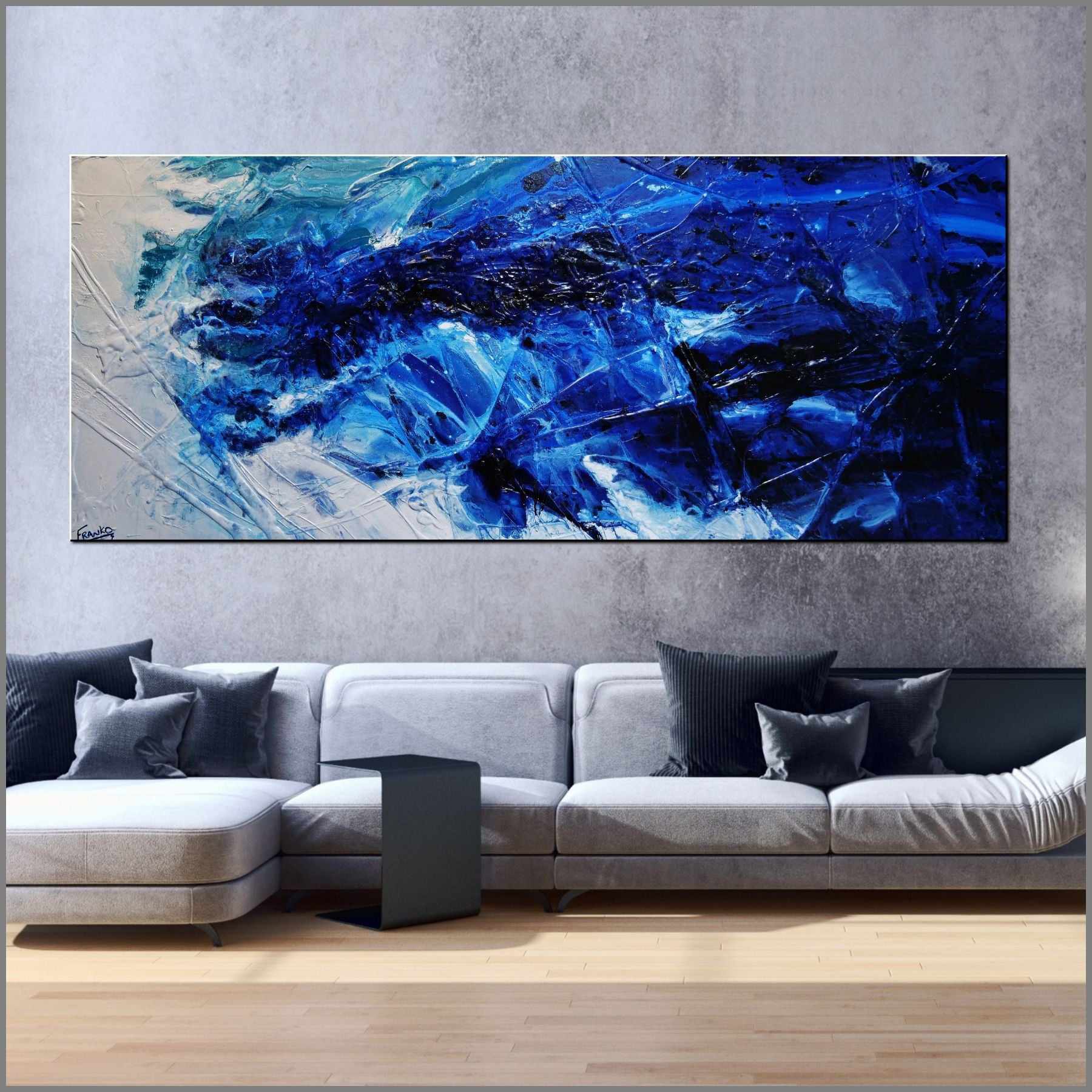 Fractured 240cm x 100cm Blue White Textured Abstract Painting (SOLD)-Abstract-Franko-[Franko]-[huge_art]-[Australia]-Franklin Art Studio
