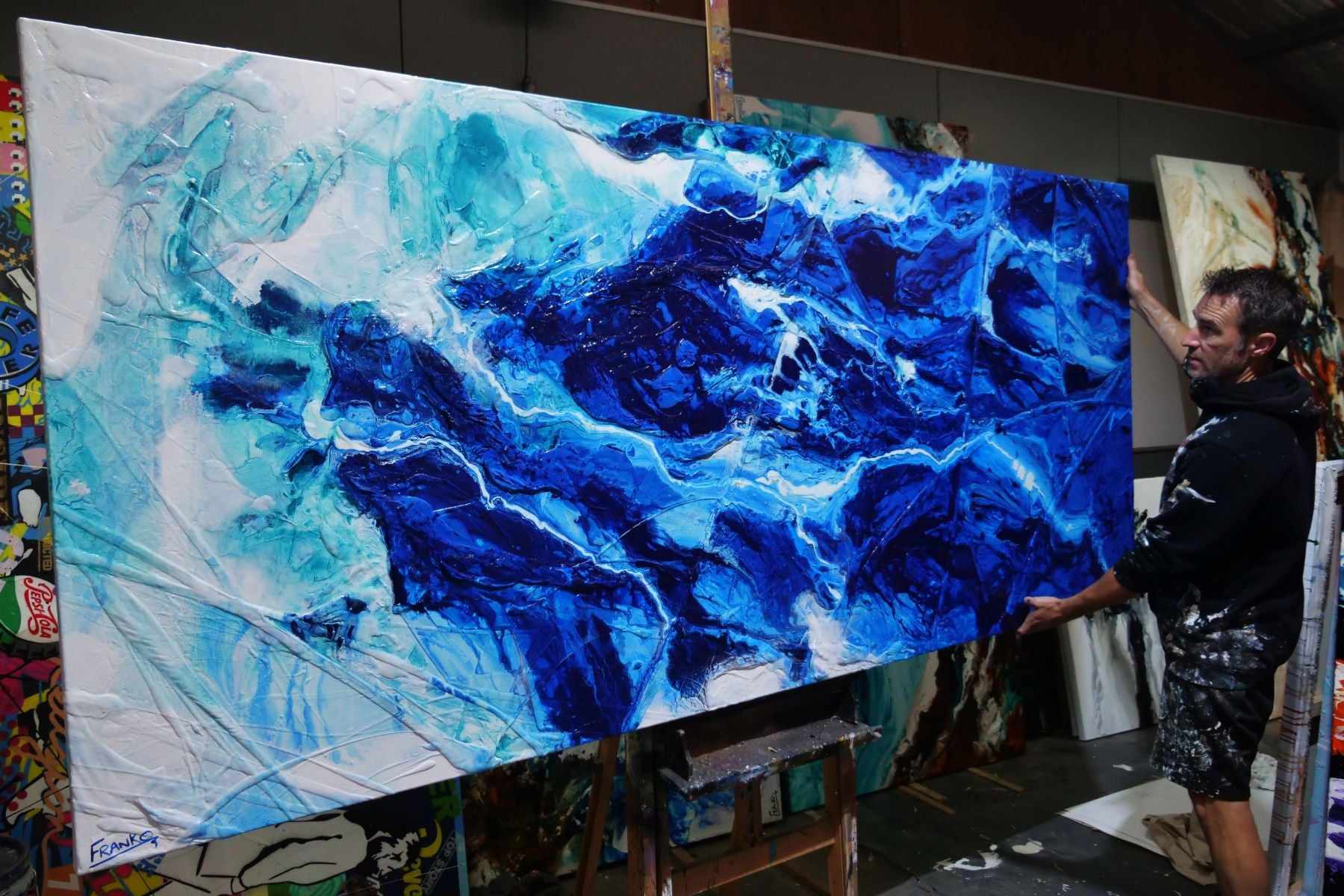 Fractured Sapphire 270cm x 120cm Blue White Textured Abstract Painting (SOLD)-Abstract-Franko-[franko_art]-[beautiful_Art]-[The_Block]-Franklin Art Studio