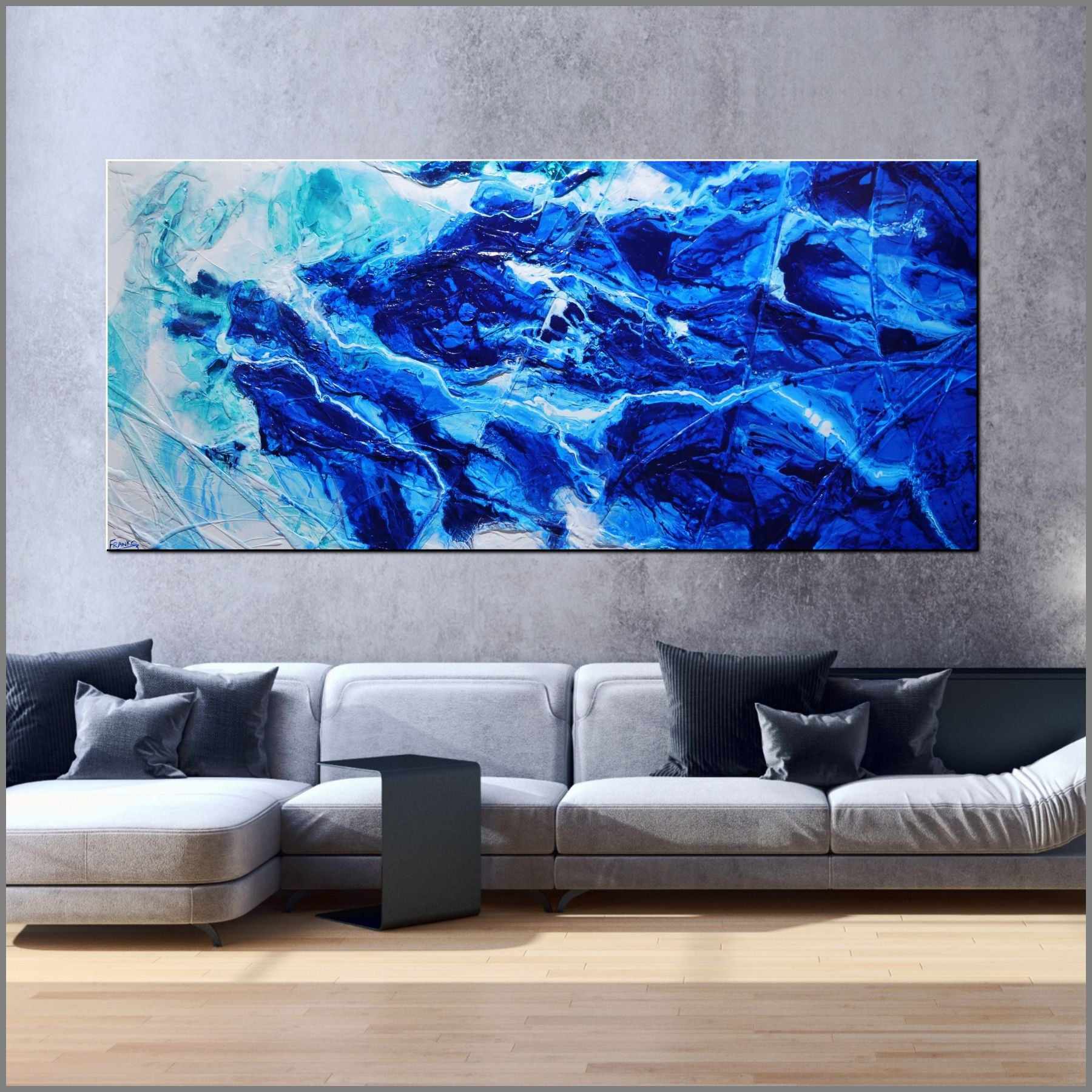 Fractured Sapphire 270cm x 120cm Blue White Textured Abstract Painting-Abstract-[Franko]-[Artist]-[Australia]-[Painting]-Franklin Art Studio