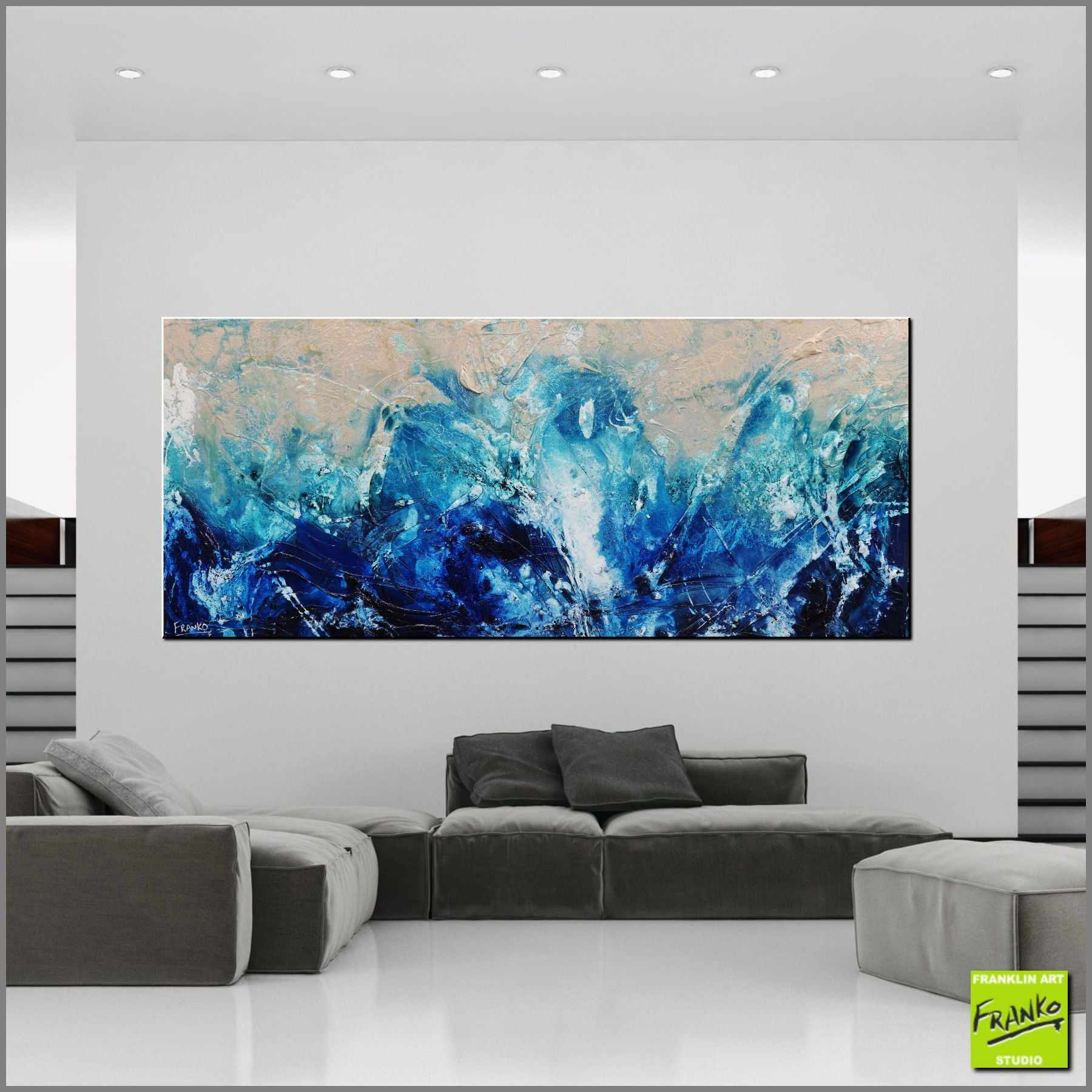 Freedom 240cm x 100cm Cream Blue Textured Abstract Painting (SOLD)-Abstract-Franko-[Franko]-[huge_art]-[Australia]-Franklin Art Studio