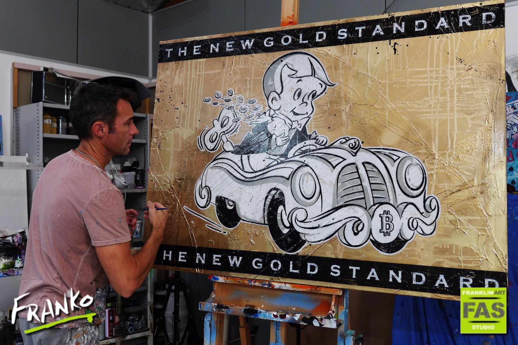 Getaway Richie - Gold Standard V3 140cm x 100cm Richie Rich Bitcoin (SOLD)-bitcoin themed-Franko-[franko_artist]-[Art]-[interior_design]-Franklin Art Studio