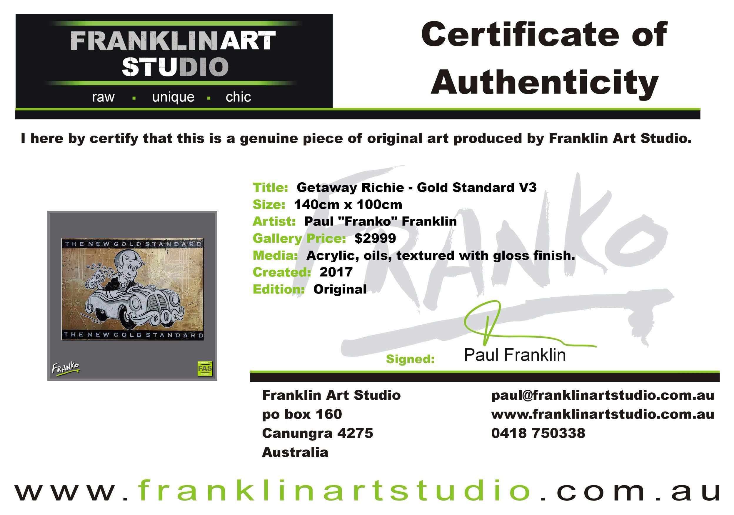 Getaway Richie - Gold Standard V3 140cm x 100cm Richie Rich Bitcoin (SOLD)-bitcoin themed-Franko-[franko_art]-[beautiful_Art]-[The_Block]-Franklin Art Studio