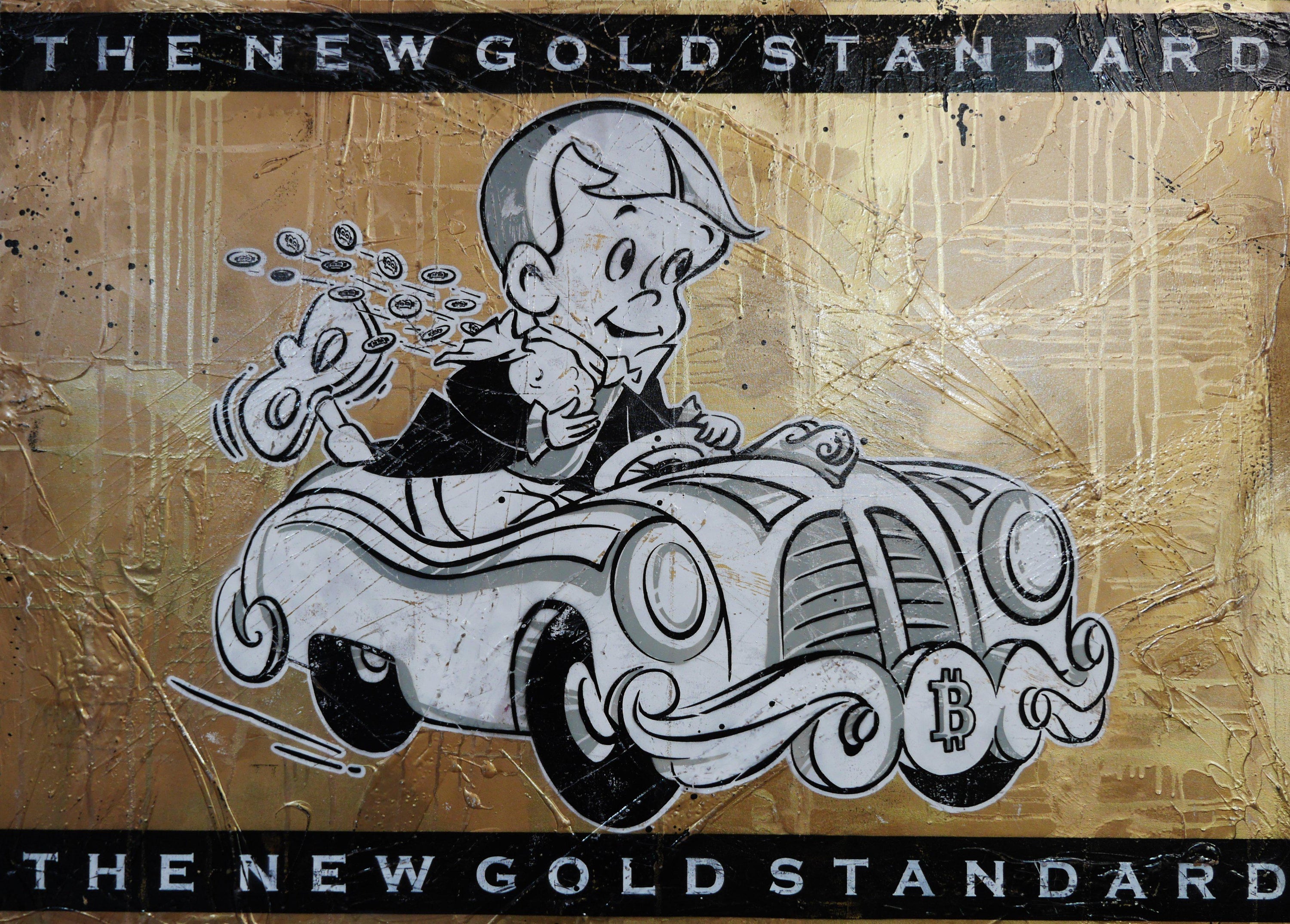 Getaway Richie - Gold Standard V3 140cm x 100cm Richie Rich Bitcoin (SOLD)-bitcoin themed-Franko-[Franko]-[Australia_Art]-[Art_Lovers_Australia]-Franklin Art Studio