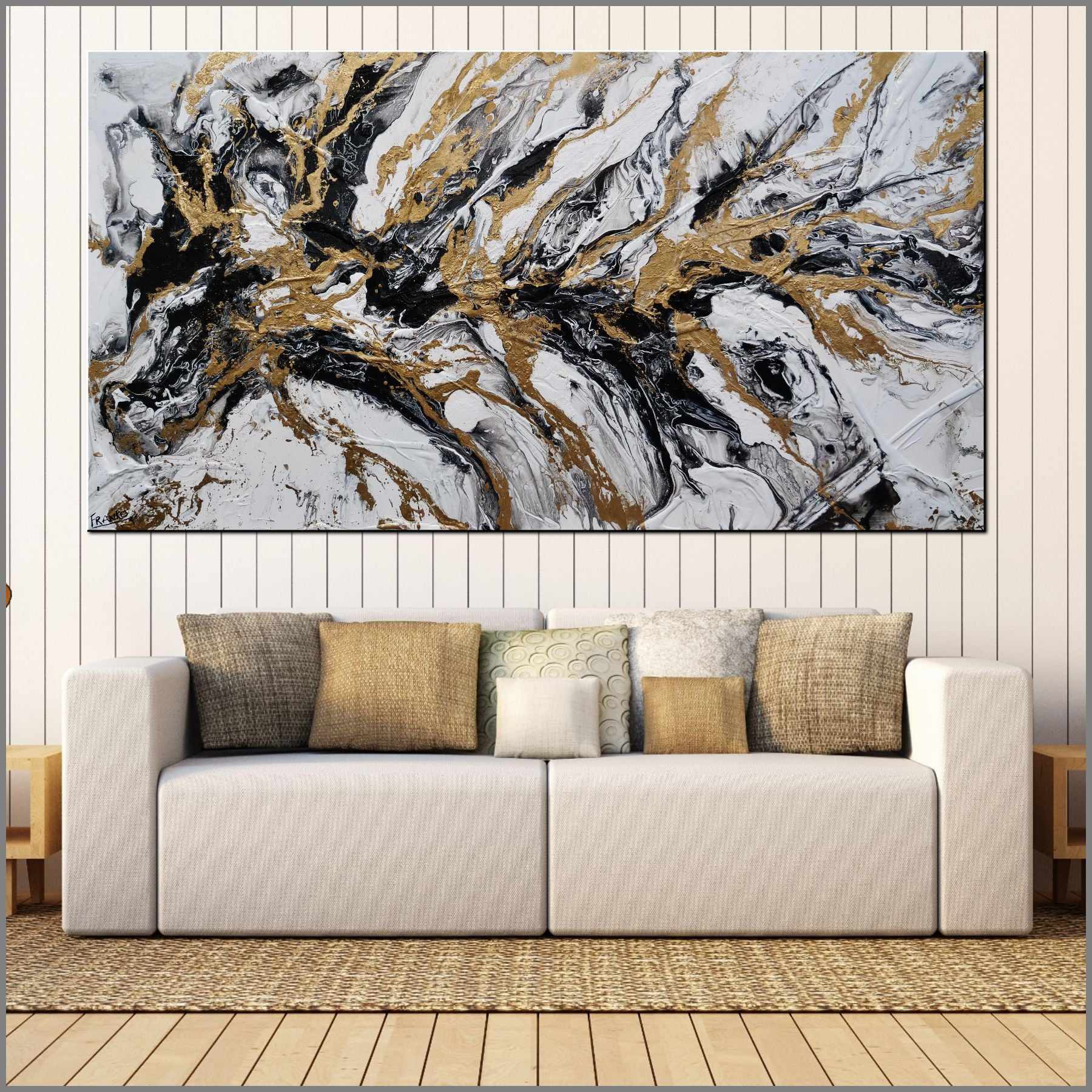 Glitz 190cm x 100cm White Black Gold Textured Abstract Painting (SOLD)-Abstract-Franko-[Franko]-[huge_art]-[Australia]-Franklin Art Studio