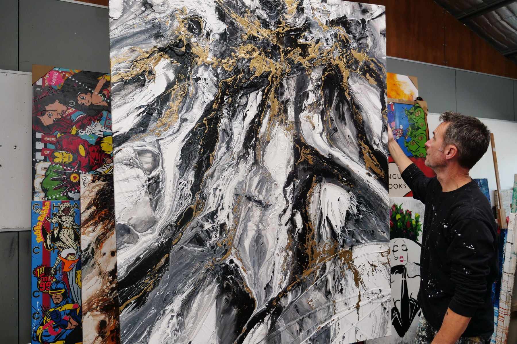 Glitz and Glamour 140cm x 180cm Black Gold White Textured Abstract Painting-Abstract-Franko-[franko_art]-[beautiful_Art]-[The_Block]-Franklin Art Studio