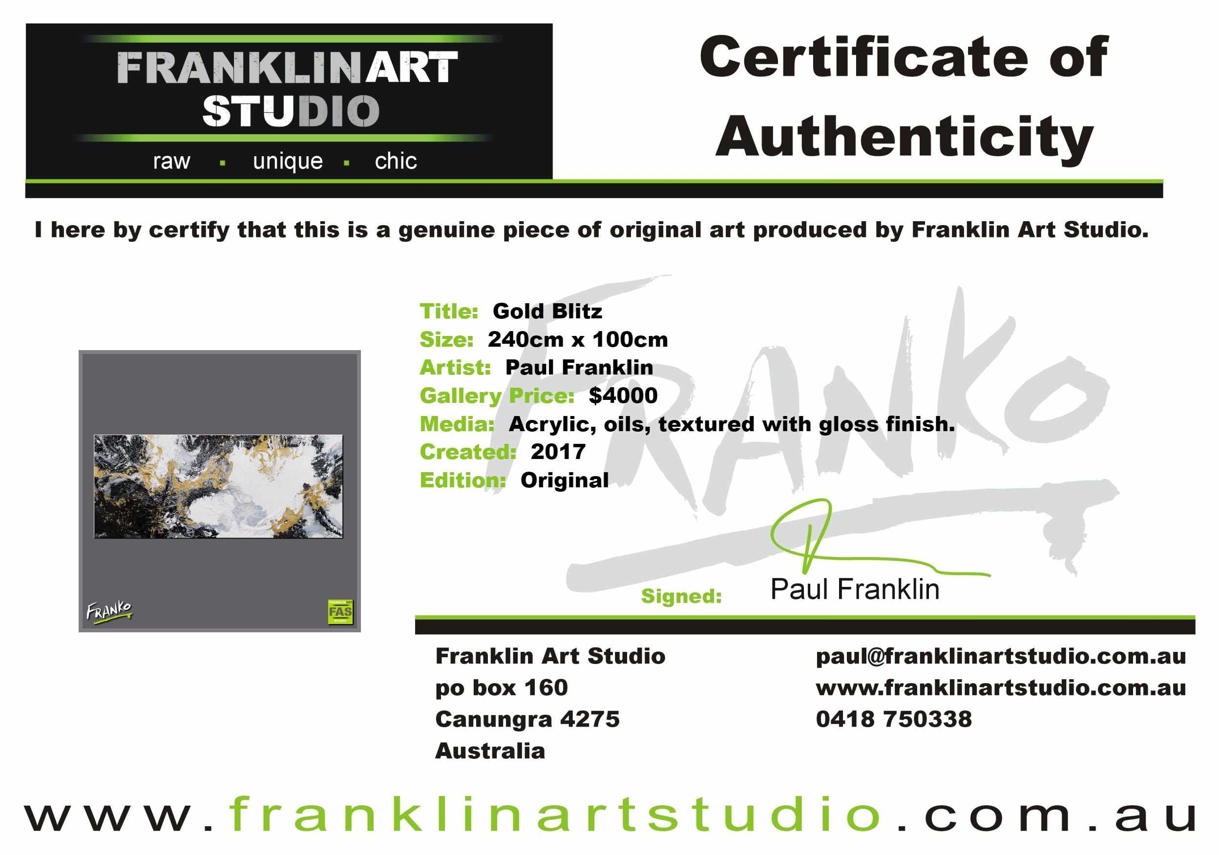 Gold Blitz 240cm x 100cm Black White Gold (SOLD)-abstract-[Franko Artist]-[Cheryl]-[Wendy]-[Gabriela]-Franklin Art Studio