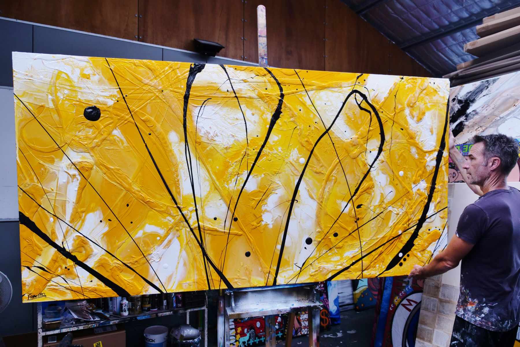 Golden Bandit 240cm x 120cm Yellow White Black Textured Abstract Painting (SOLD)-Abstract-[Franko Artist]-[Gold Coast]-[Brisbane]-[Huge]-Franklin Art Studio