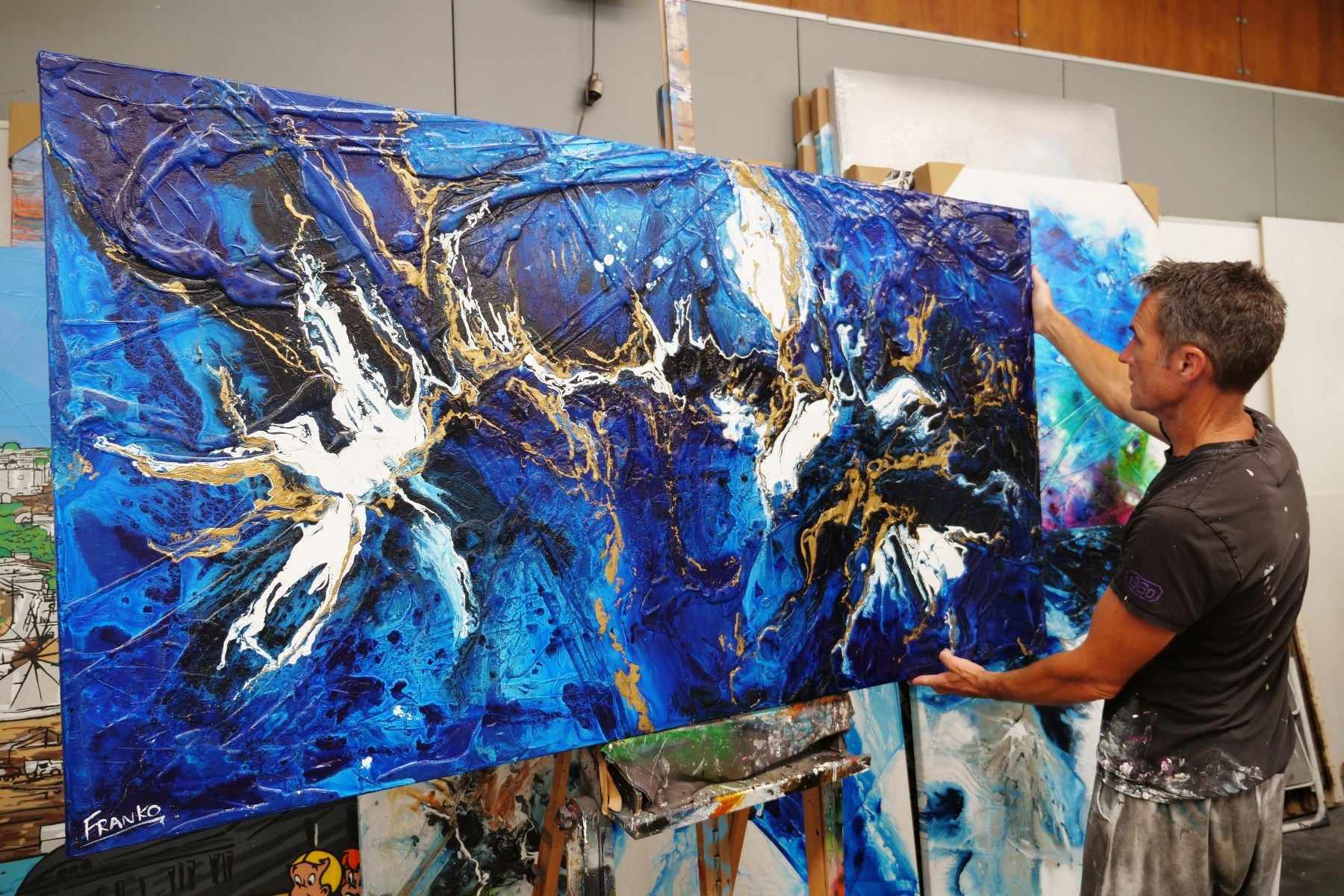 Golden Blu 190cm x 100cm Blue Gold Textured Abstract Painting (SOLD)-Abstract-[Franko Artist]-[Cheryl]-[Wendy]-[Gabriela]-Franklin Art Studio