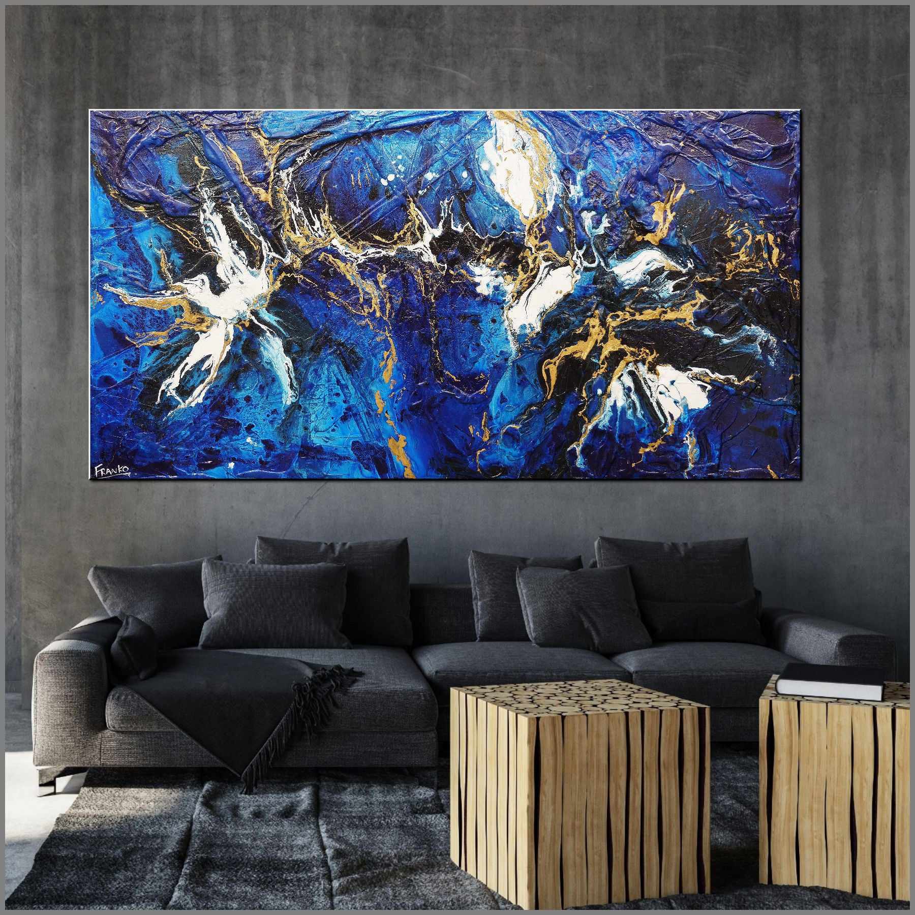 Golden Blu 190cm x 100cm Blue Gold Textured Abstract Painting (SOLD)-Abstract-Franko-[huge]-[Australian]-[best Selling]-Franklin Art Studio