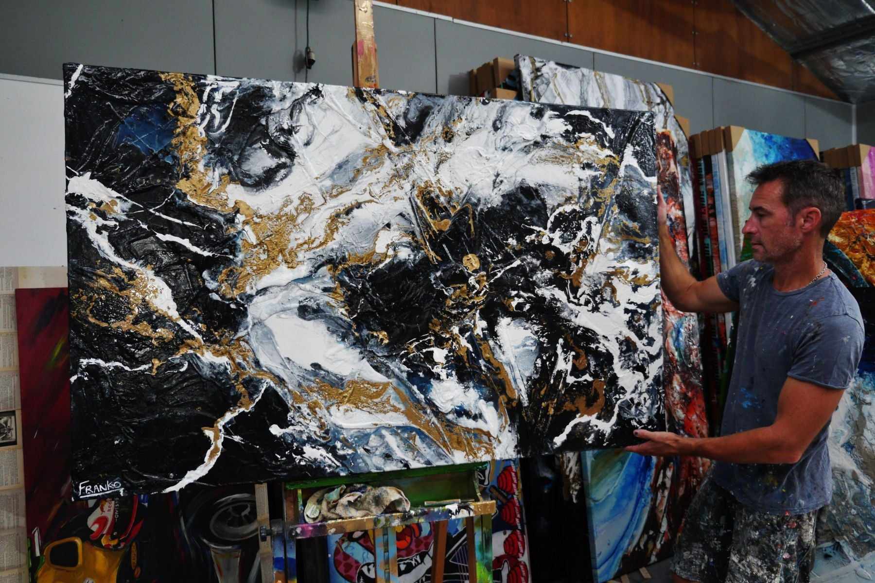 Golden Blu Ransom 160cm x 100cm Black Gold Textured Abstract Painting (SOLD)-Abstract-[Franko Artist]-[Gold Coast]-[Brisbane]-[Huge]-Franklin Art Studio