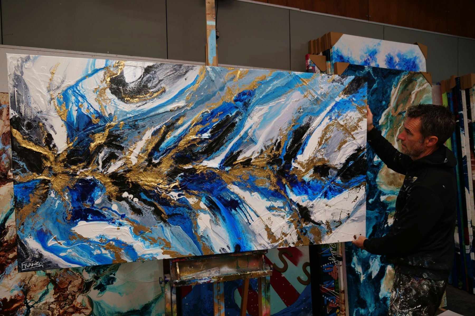 Golden Blue Silk 190cm x 100cm Blue Gold Grey Textured Abstract Painting (SOLD)-Abstract-[Franko Artist]-[Gold Coast]-[Brisbane]-[Huge]-Franklin Art Studio