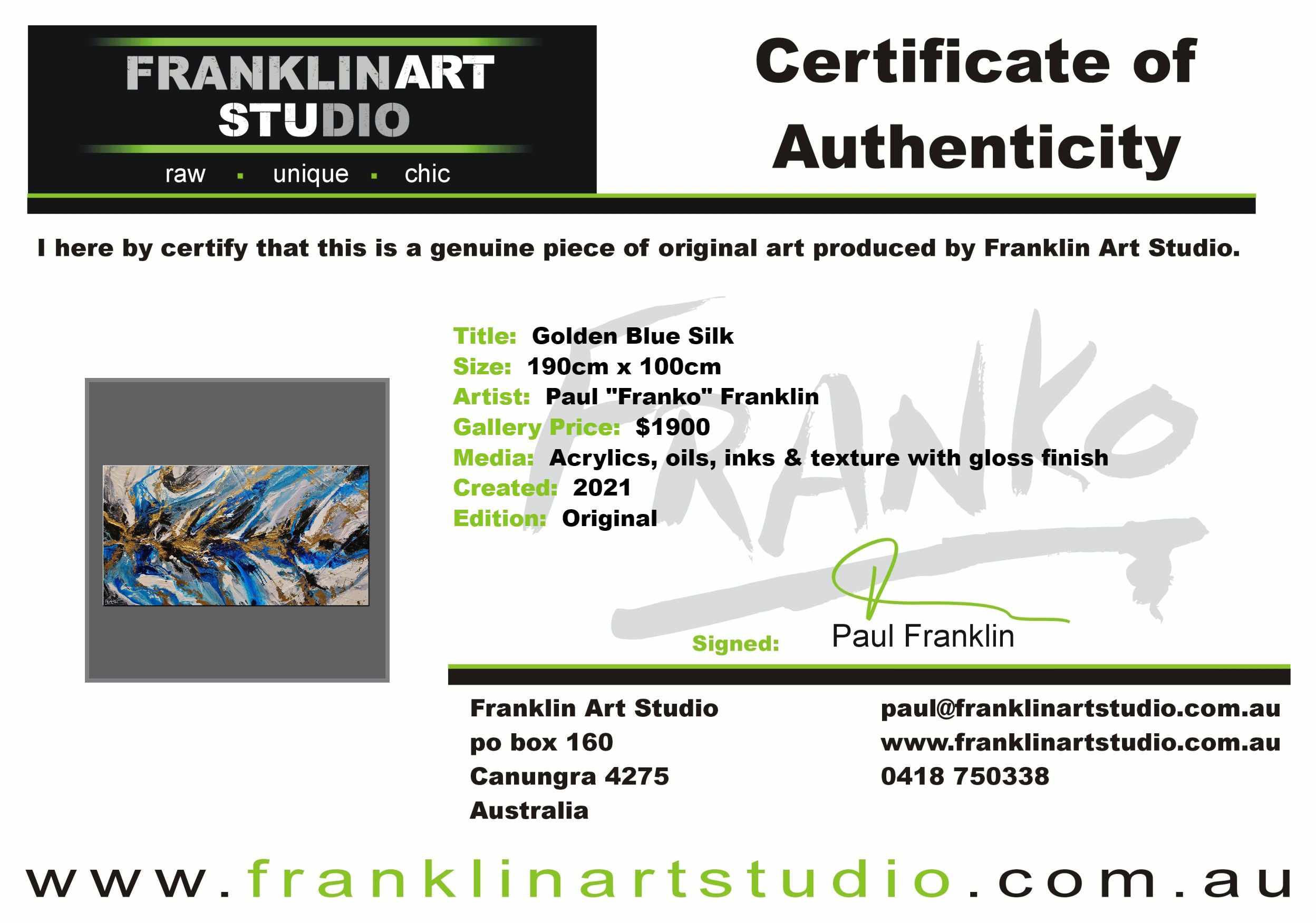 Golden Blue Silk 190cm x 100cm Blue Gold Grey Textured Abstract Painting (SOLD)-Abstract-Franko-[franko_art]-[beautiful_Art]-[The_Block]-Franklin Art Studio